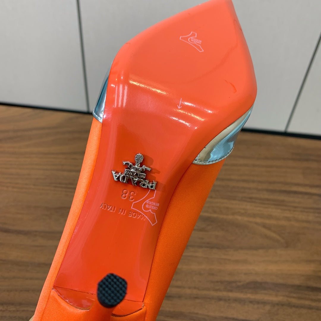 Prada Pumps 8.5cm Orange Satin Sliver Patent Leather 896187