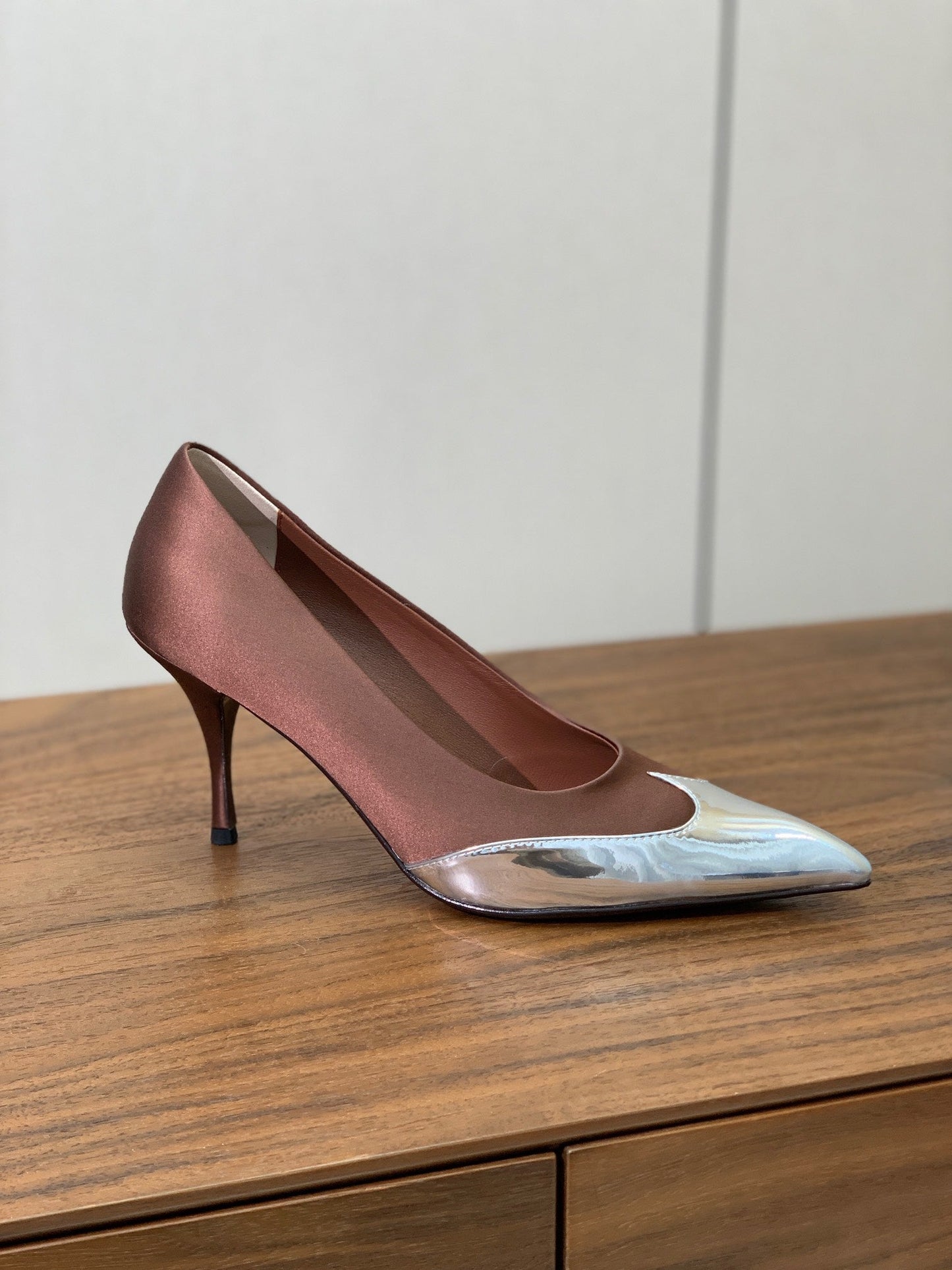 Prada Pumps 8.5cm Red Satin Sliver Patent Leather 896188