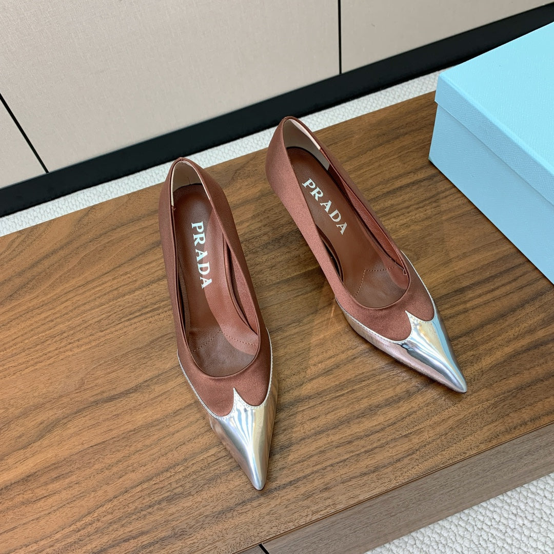Prada Pumps 8.5cm Red Satin Sliver Patent Leather 896188
