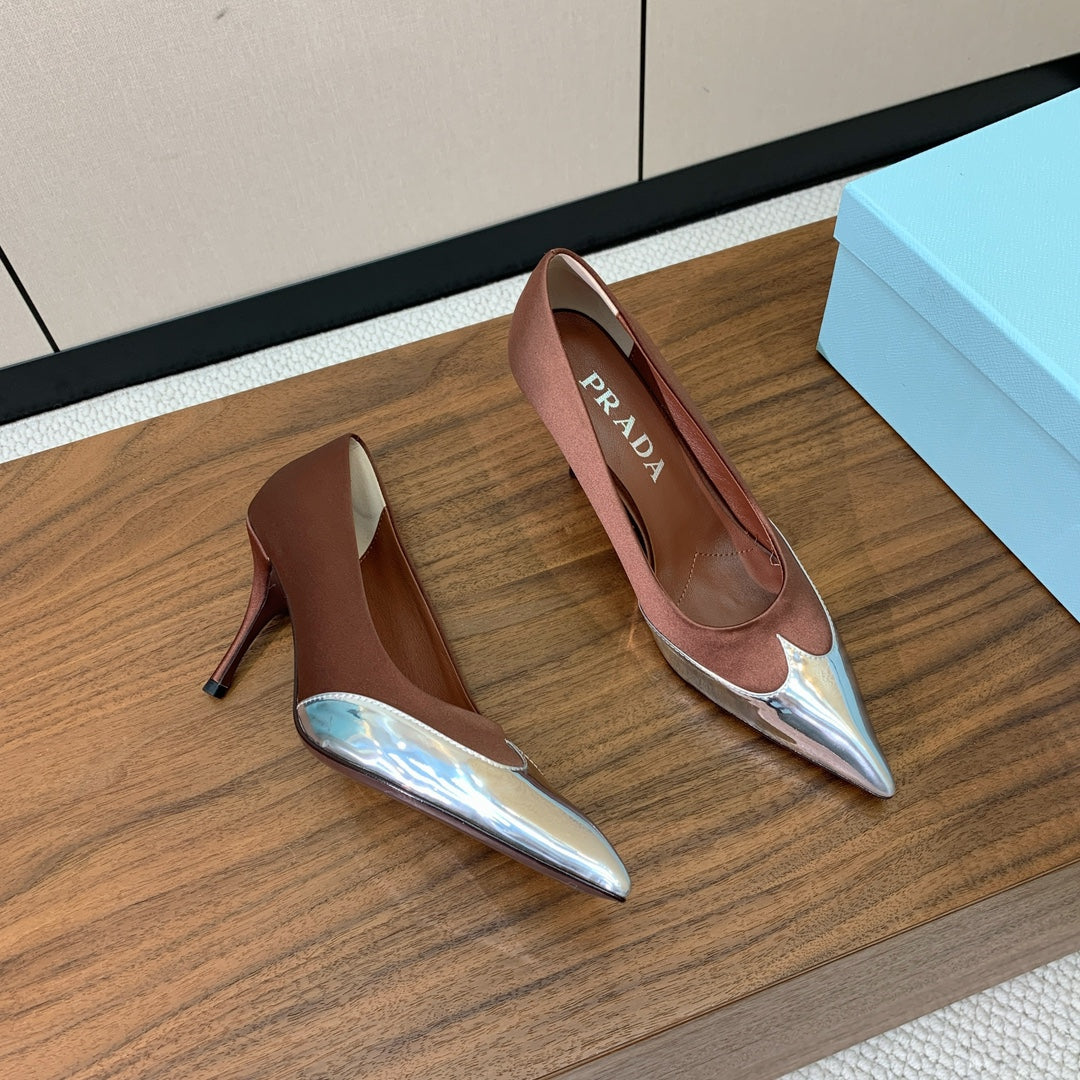 Prada Pumps 8.5cm Red Satin Sliver Patent Leather 896188