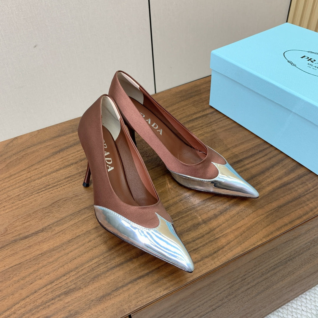 Prada Pumps 8.5cm Red Satin Sliver Patent Leather 896188