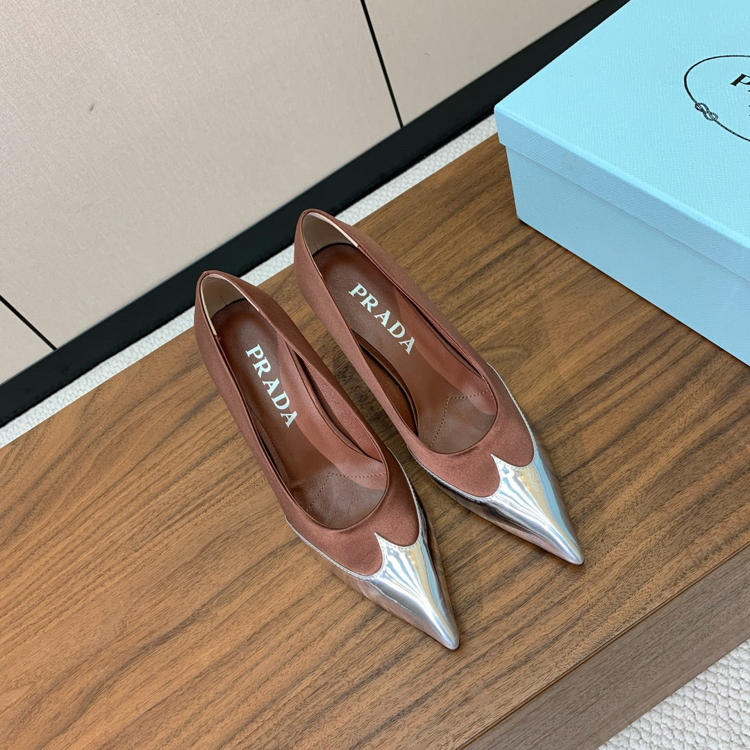 Prada Pumps 8.5cm Red Satin Sliver Patent Leather 896188