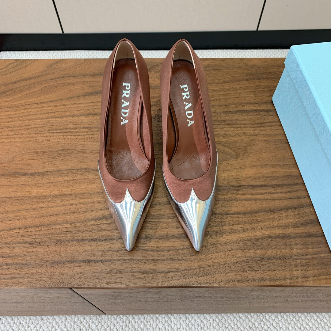 Prada Pumps 8.5cm Red Satin Sliver Patent Leather 896188