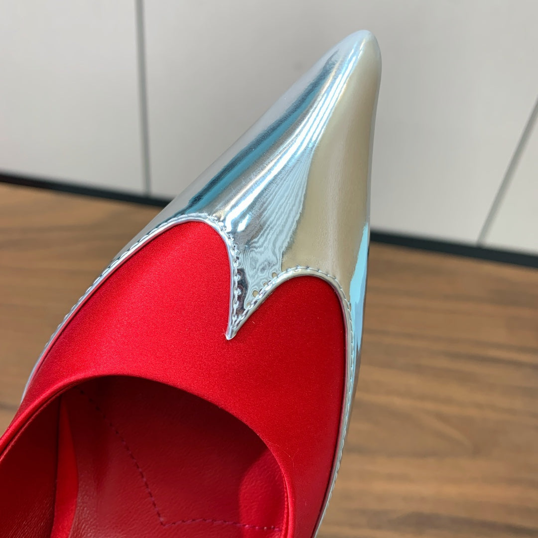 Prada Pumps 8.5cm Red Satin Sliver Patent Leather 896189