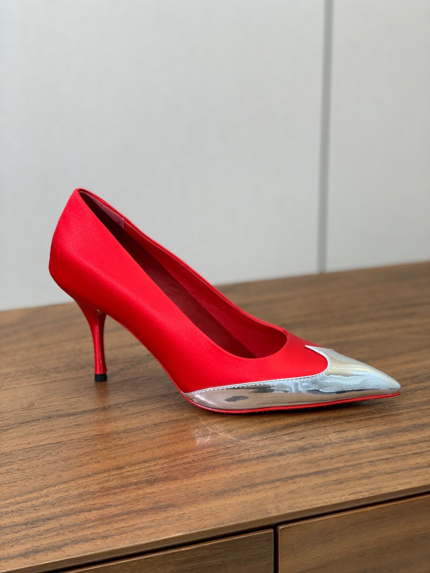 Prada Pumps 8.5cm Red Satin Sliver Patent Leather 896189