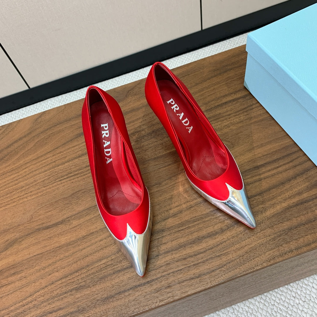 Prada Pumps 8.5cm Red Satin Sliver Patent Leather 896189