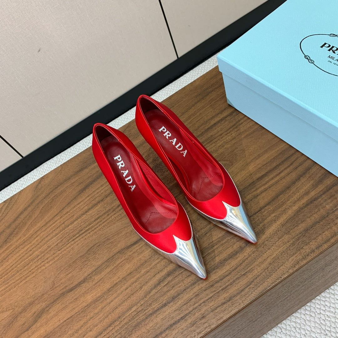 Prada Pumps 8.5cm Red Satin Sliver Patent Leather 896189