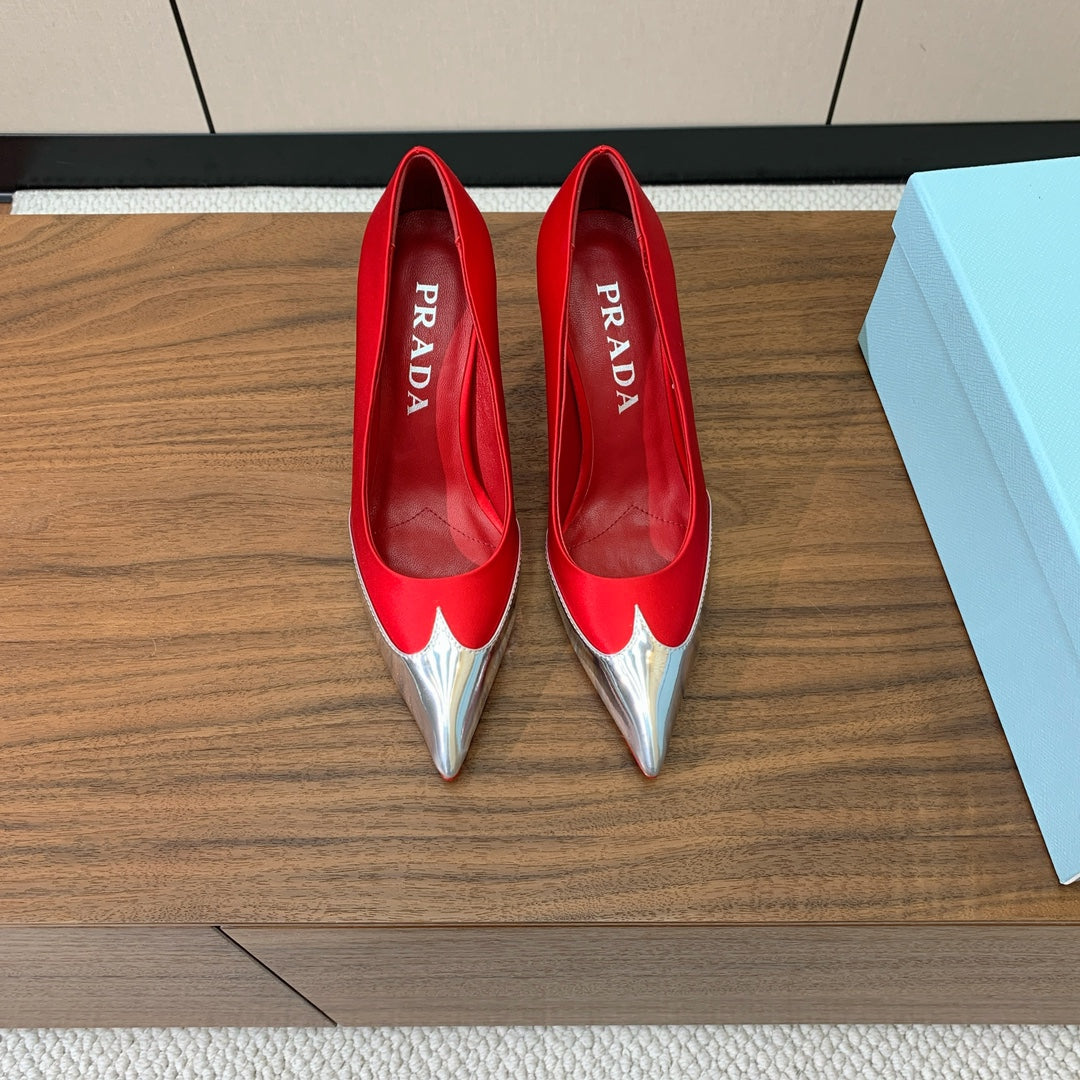 Prada Pumps 8.5cm Red Satin Sliver Patent Leather 896189