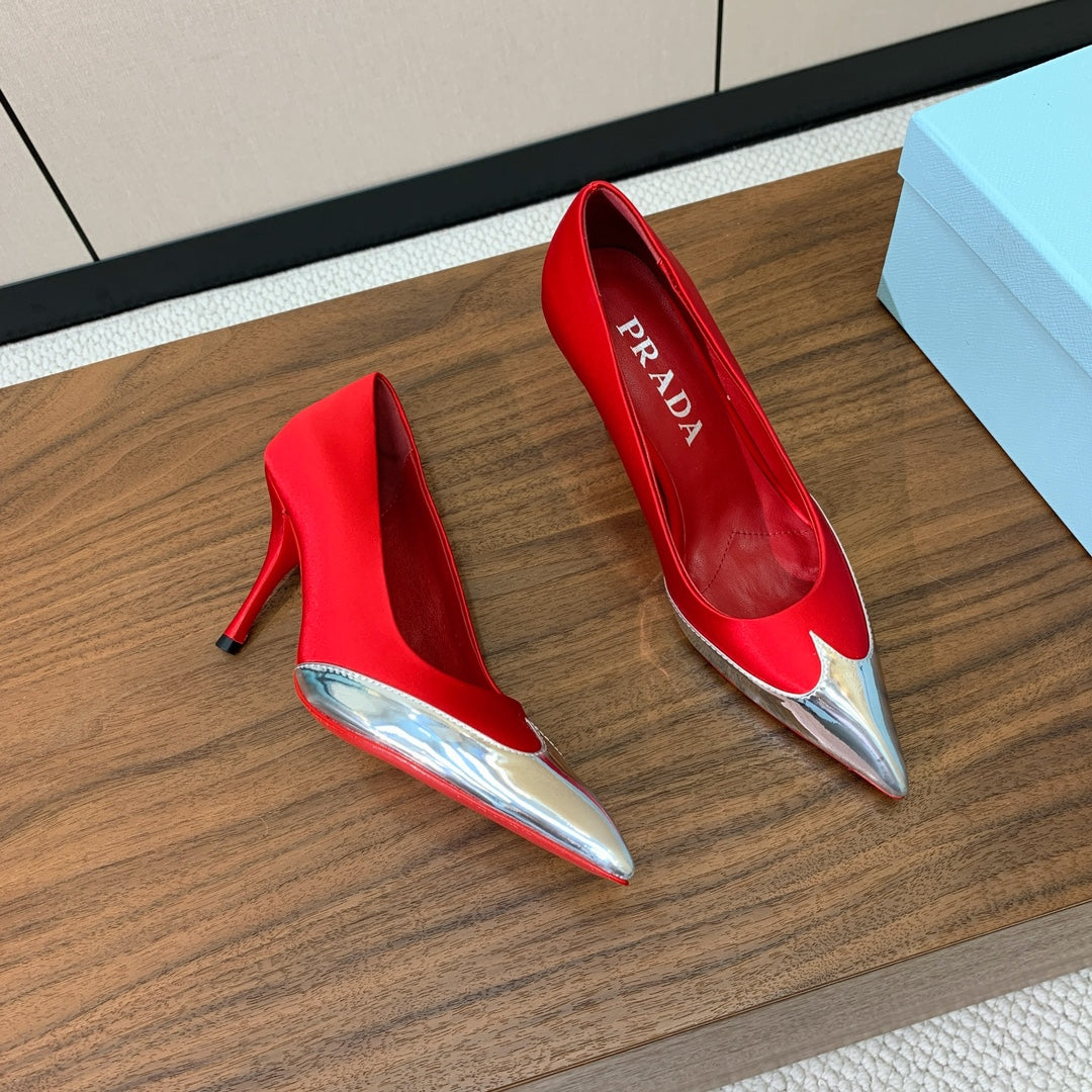 Prada Pumps 8.5cm Red Satin Sliver Patent Leather 896189