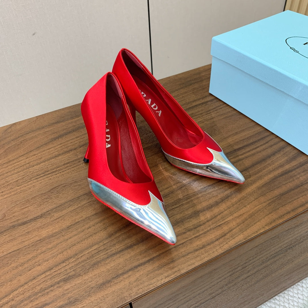 Prada Pumps 8.5cm Red Satin Sliver Patent Leather 896189