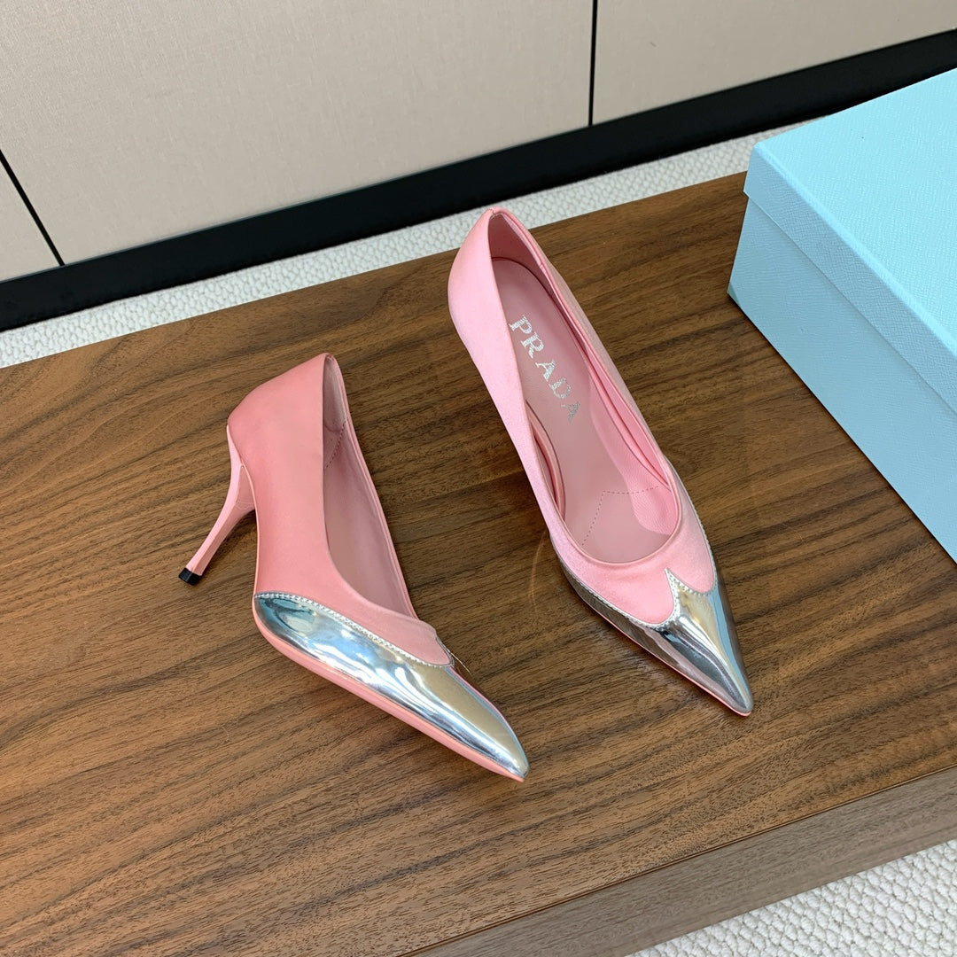 Prada Pumps 8.5cm Pink Satin Sliver Patent Leather 896190