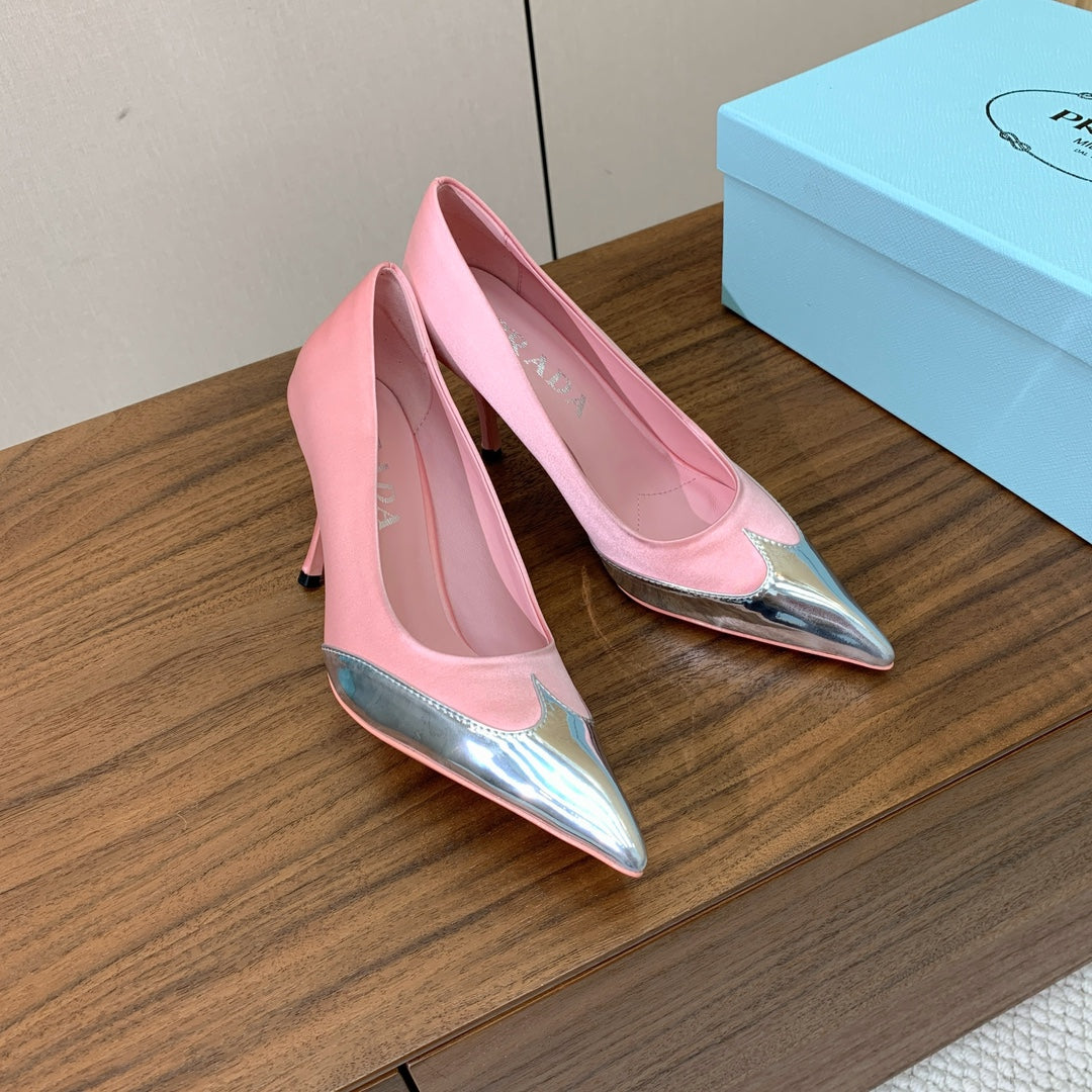 Prada Pumps 8.5cm Pink Satin Sliver Patent Leather 896190