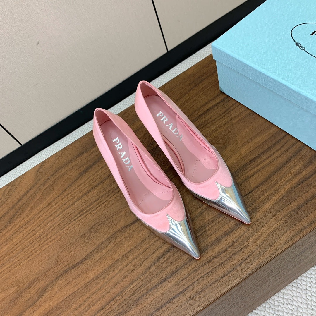 Prada Pumps 8.5cm Pink Satin Sliver Patent Leather 896190