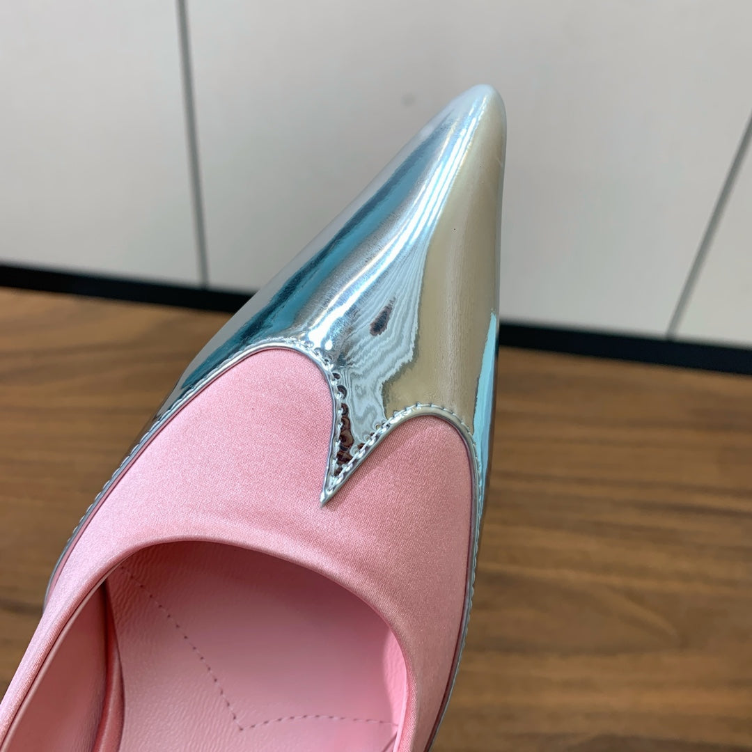 Prada Pumps 8.5cm Pink Satin Sliver Patent Leather 896190