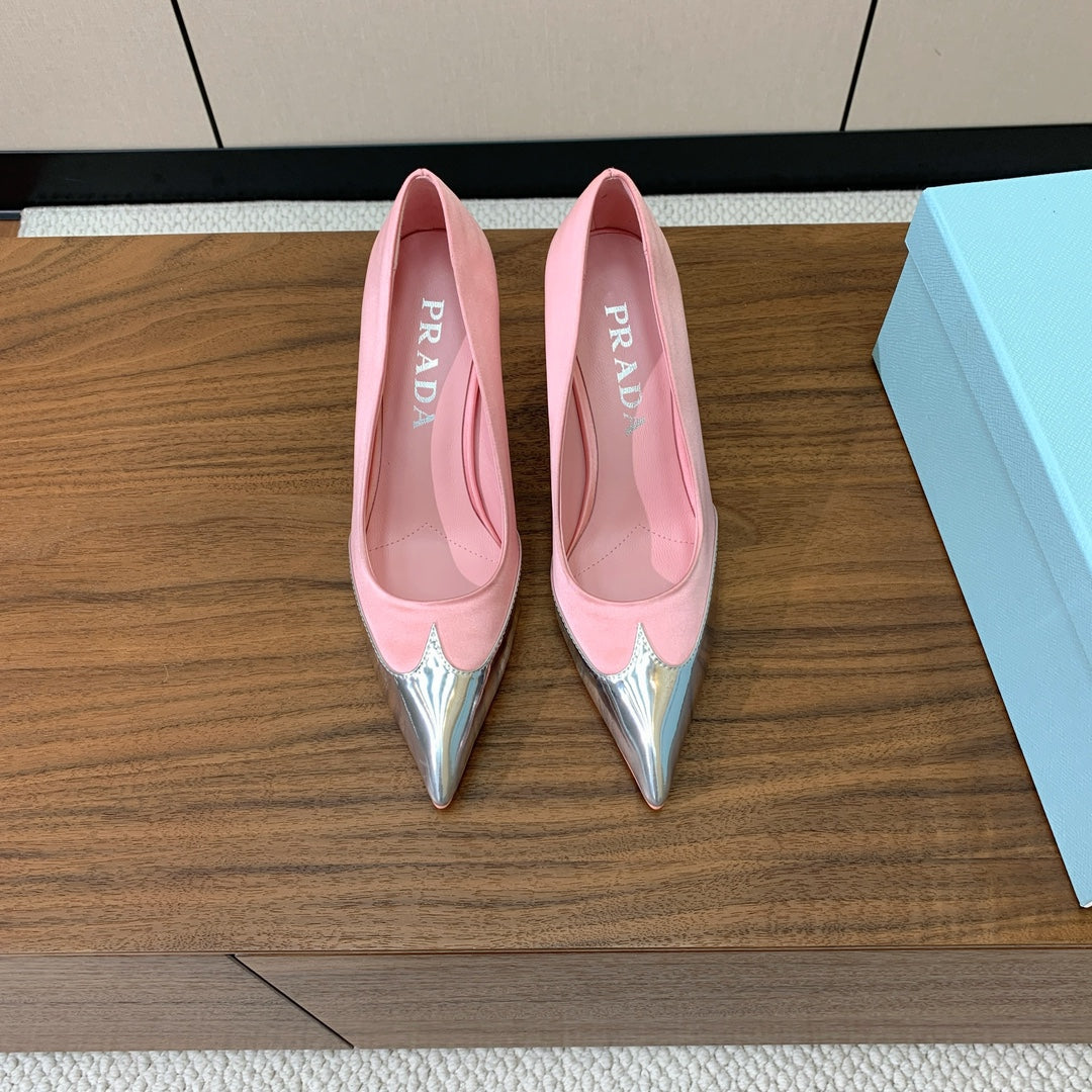 Prada Pumps 8.5cm Pink Satin Sliver Patent Leather 896190