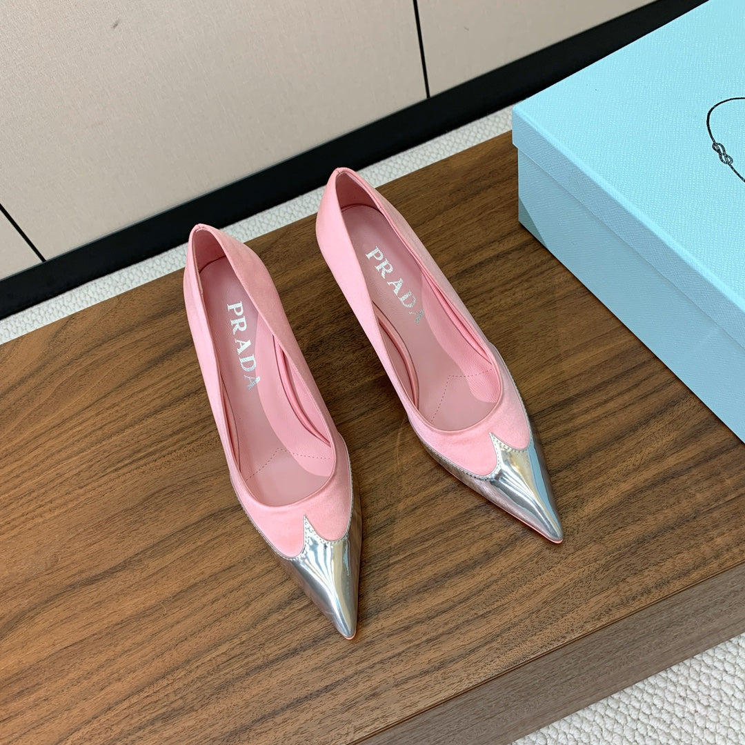 Prada Pumps 8.5cm Pink Satin Sliver Patent Leather 896190