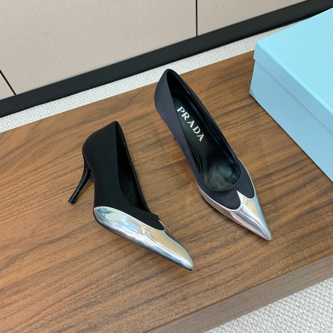 Prada Pumps 8.5cm Black Satin Sliver Patent Leather 896191
