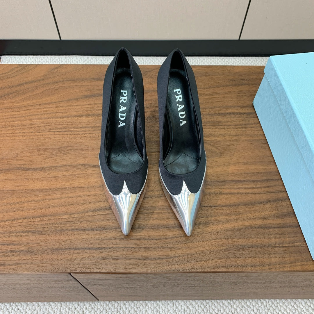 Prada Pumps 8.5cm Black Satin Sliver Patent Leather 896191