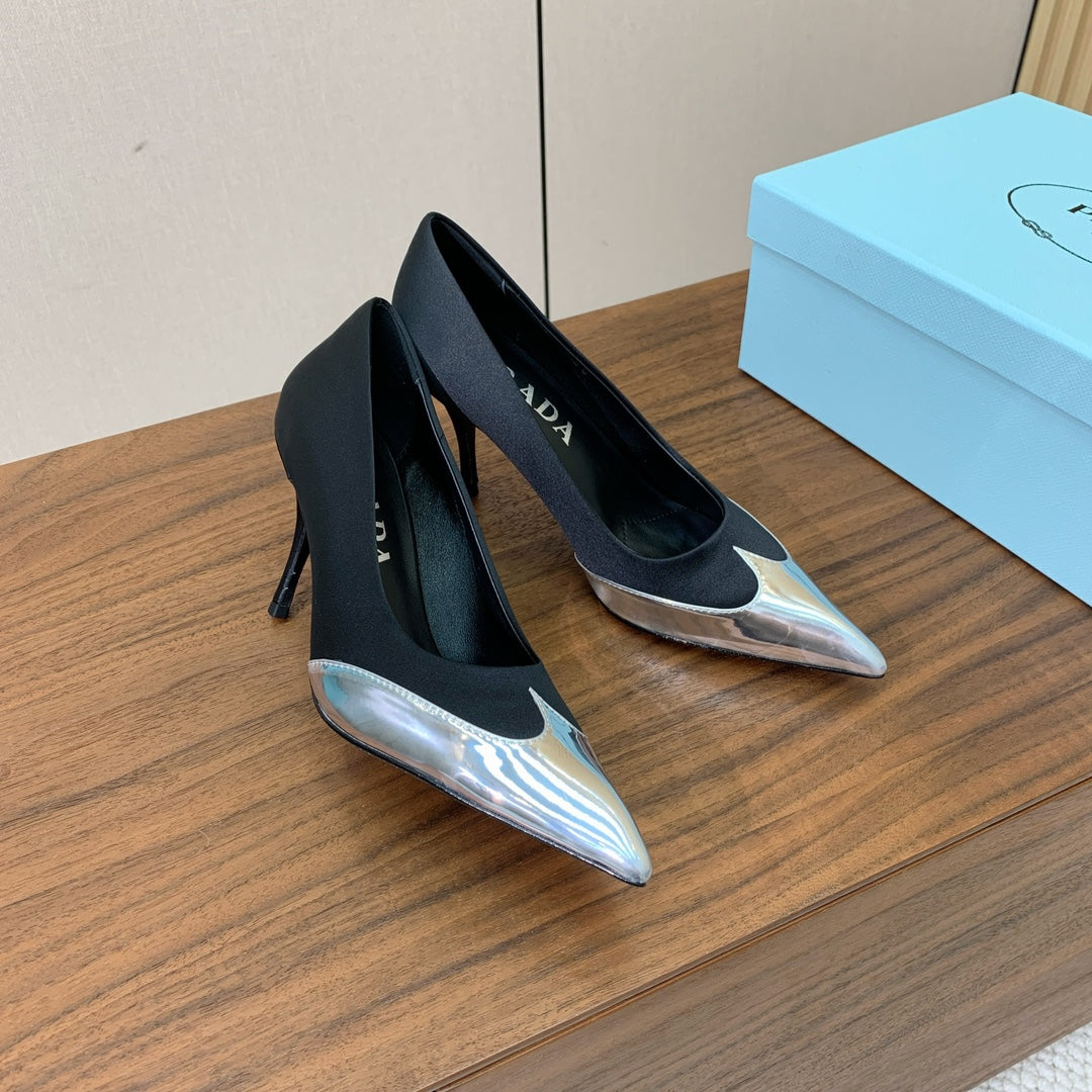 Prada Pumps 8.5cm Black Satin Sliver Patent Leather 896191