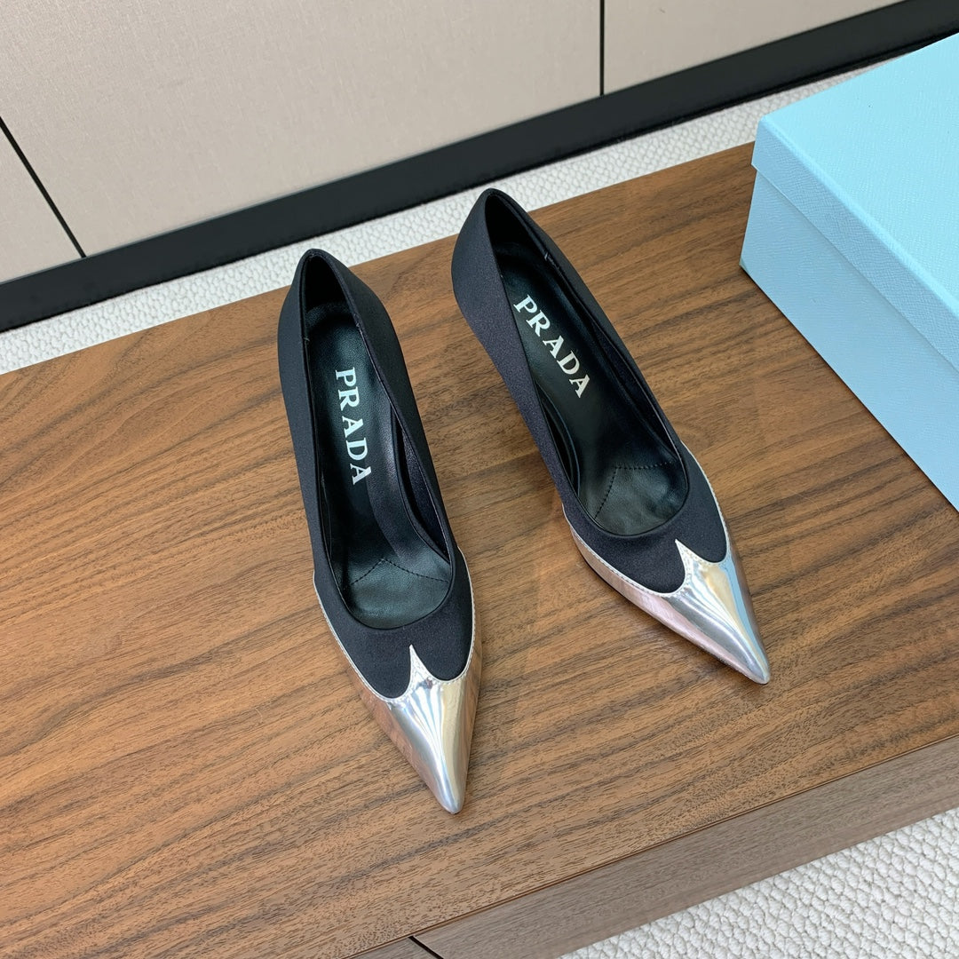 Prada Pumps 8.5cm Black Satin Sliver Patent Leather 896191