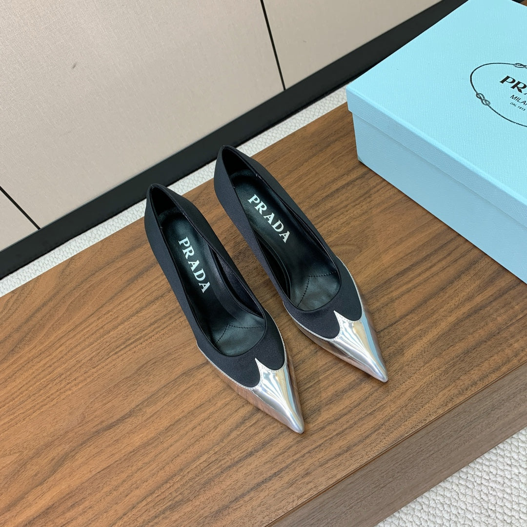 Prada Pumps 8.5cm Black Satin Sliver Patent Leather 896191