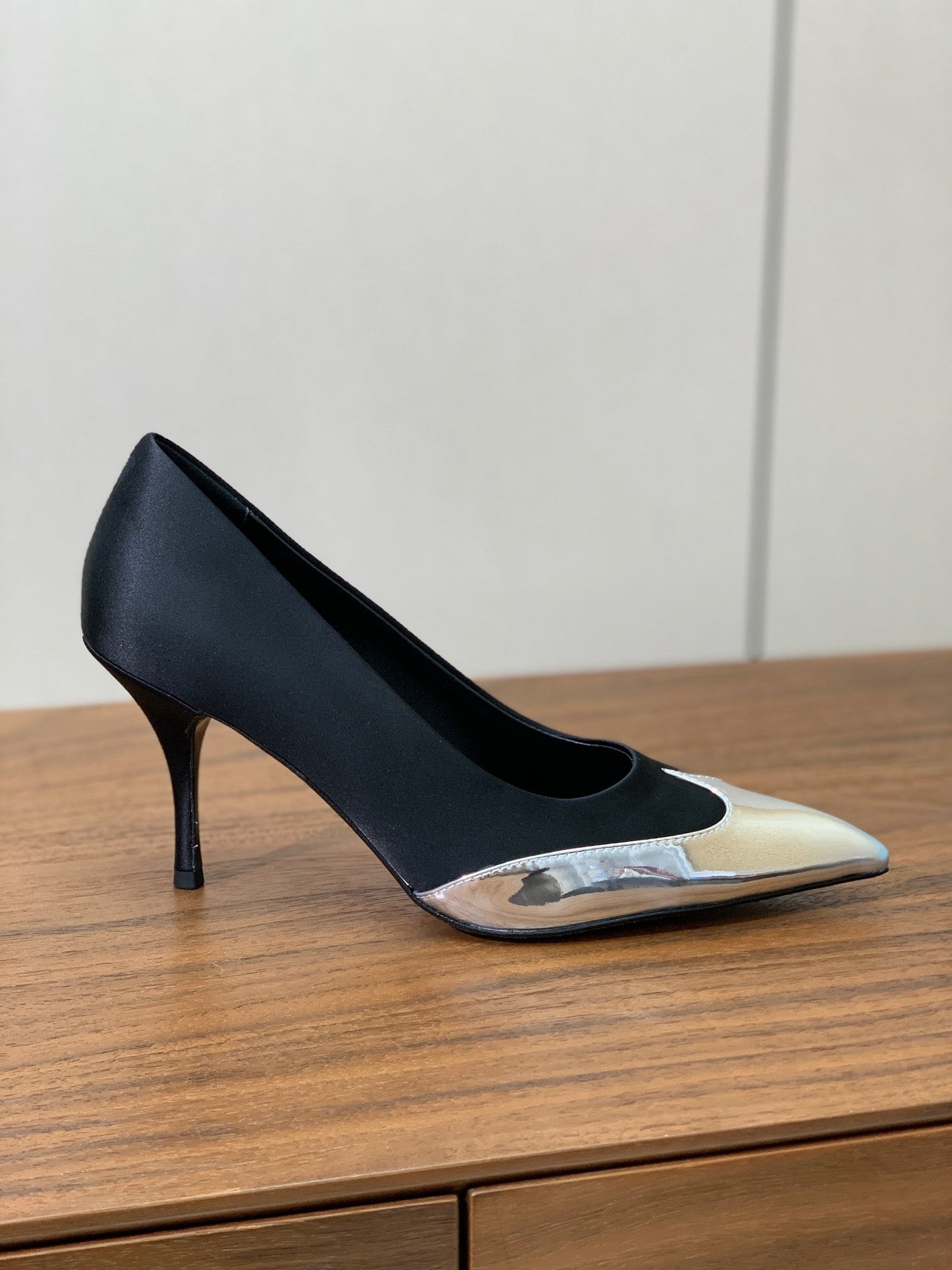 Prada Pumps 8.5cm Black Satin Sliver Patent Leather 896191
