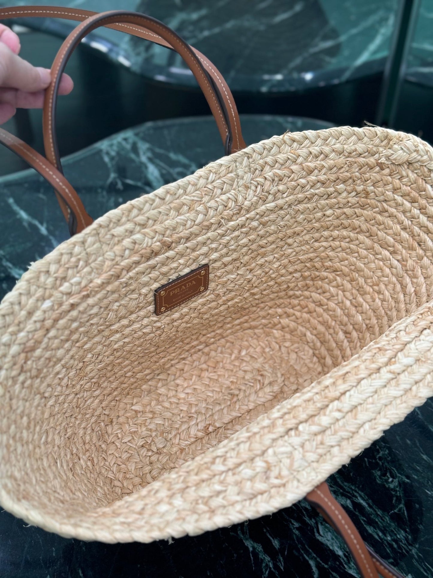 LARGE TOTE BAG 56 IN BEIGE RAFFIA GRASS AND BROWN CALFSKIN TRIM