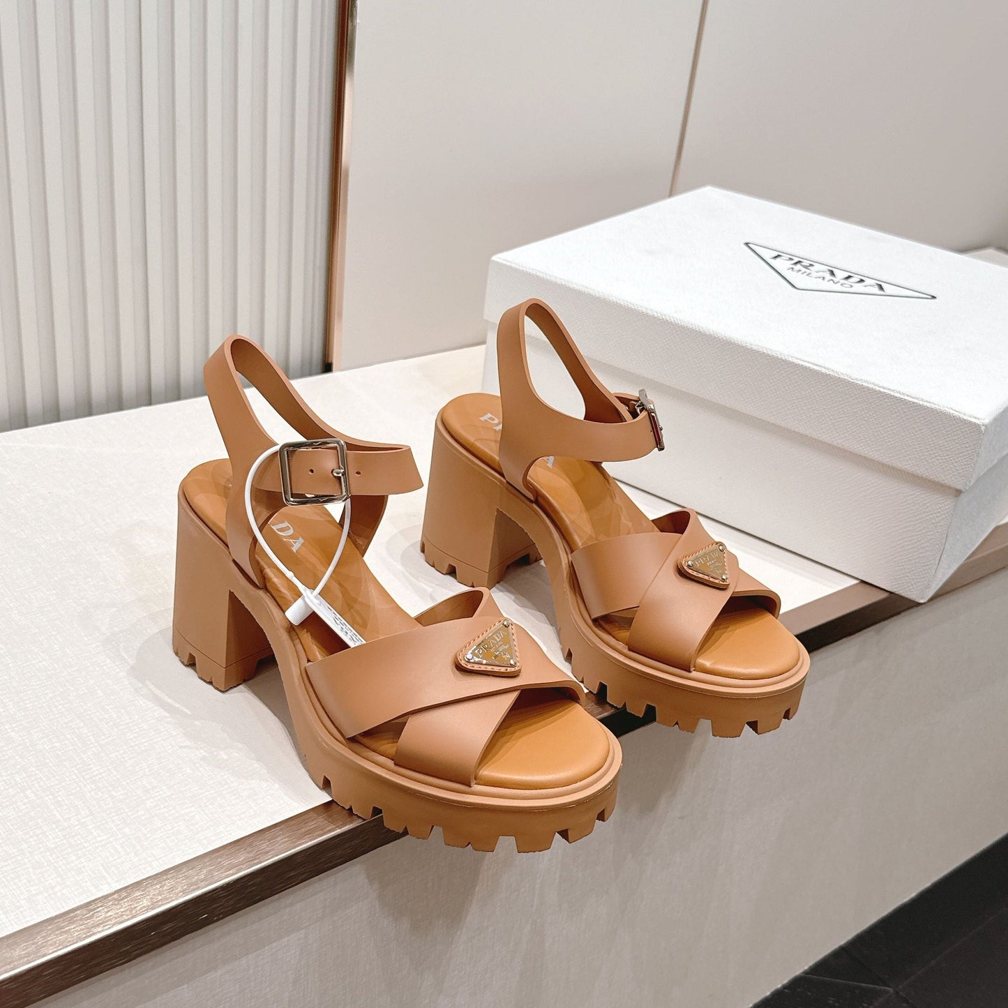 Prada 26s Monolith Sandals Tan Brown Rubber 838140