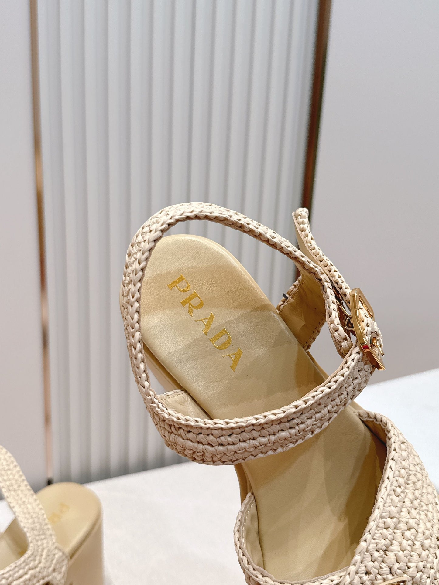 Prada 26s Monolith Sandals Beige Raffia Rubber 838136