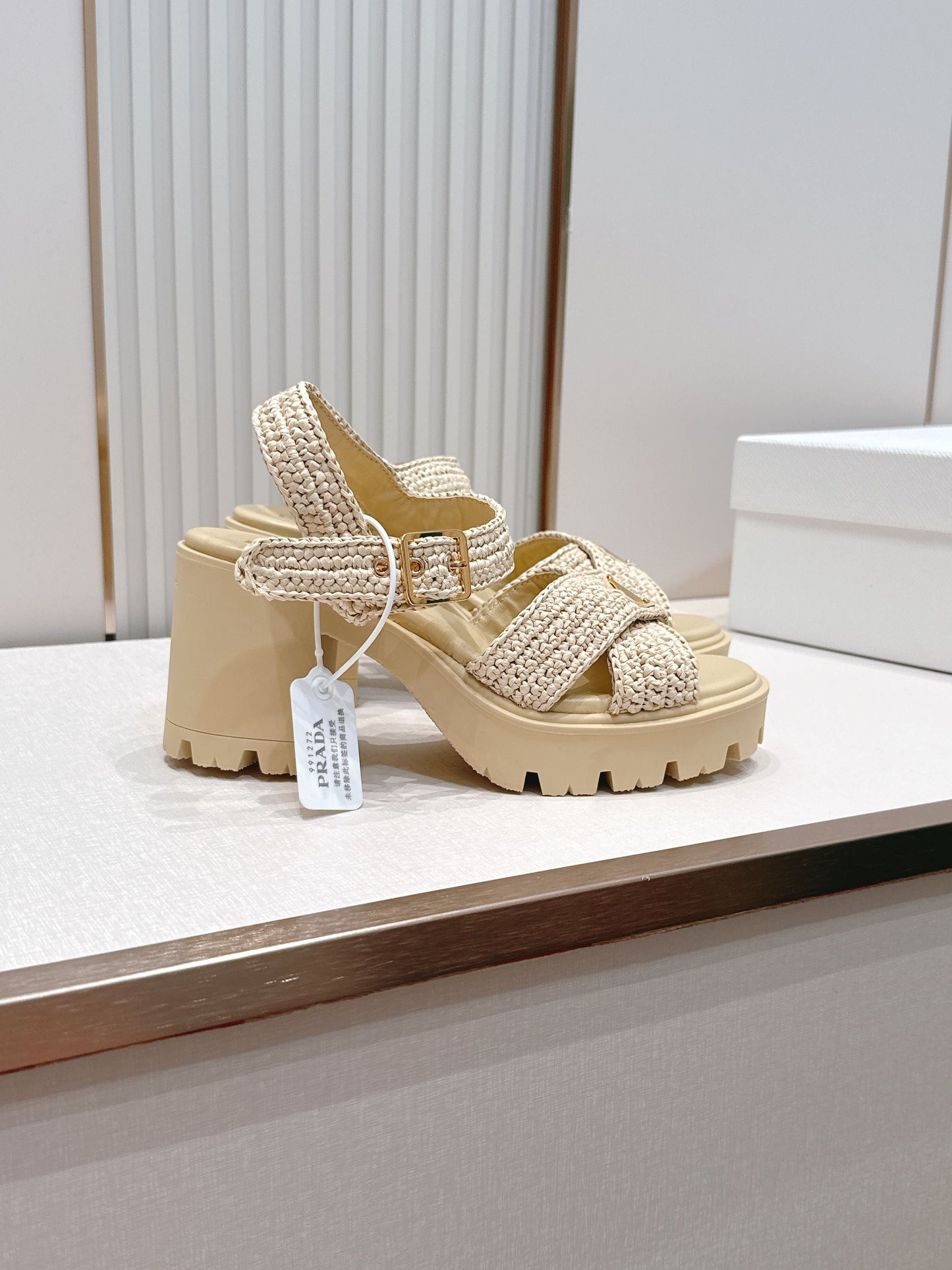 Prada 26s Monolith Sandals Beige Raffia Rubber 838136