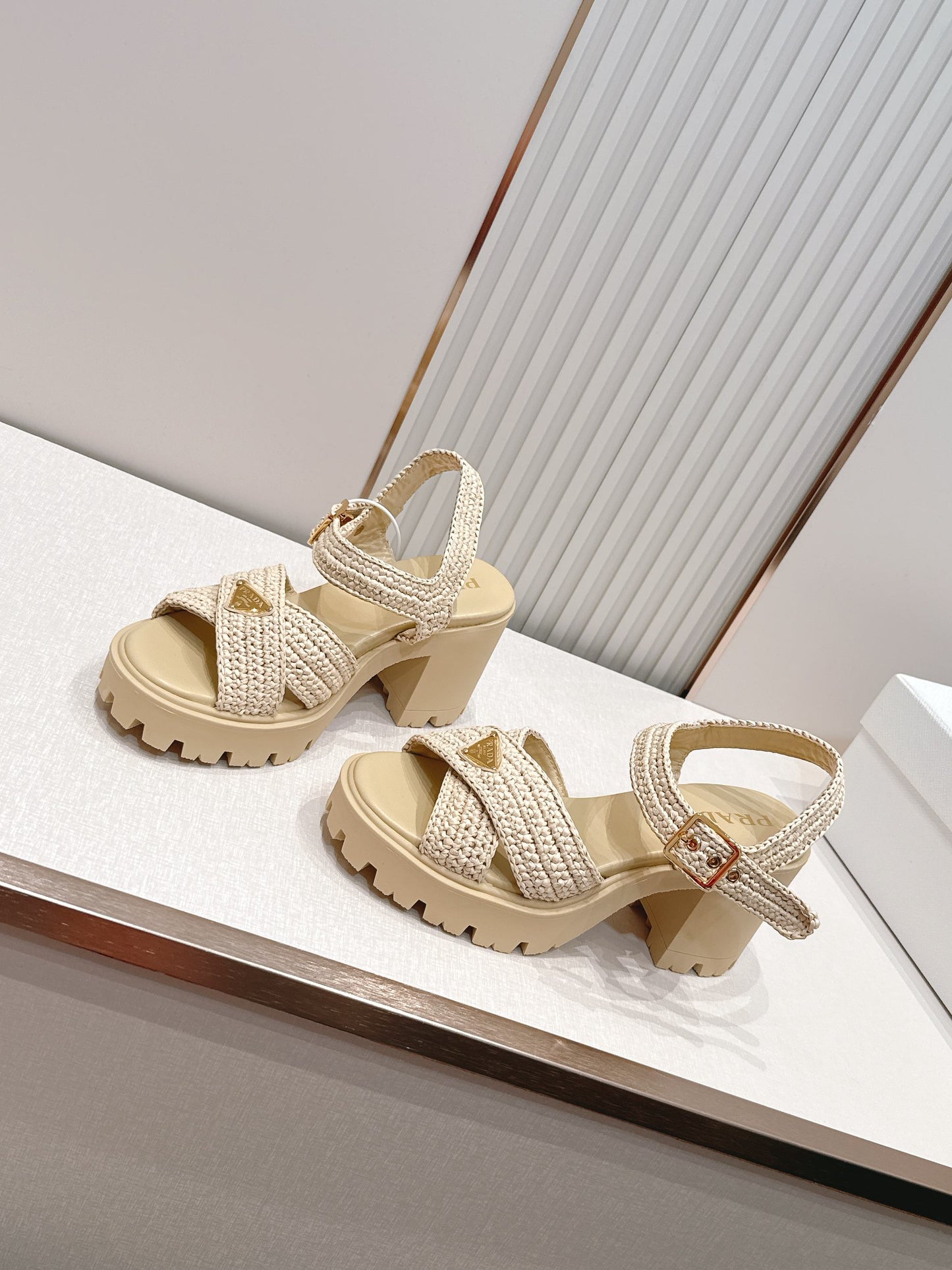 Prada 26s Monolith Sandals Beige Raffia Rubber 838136
