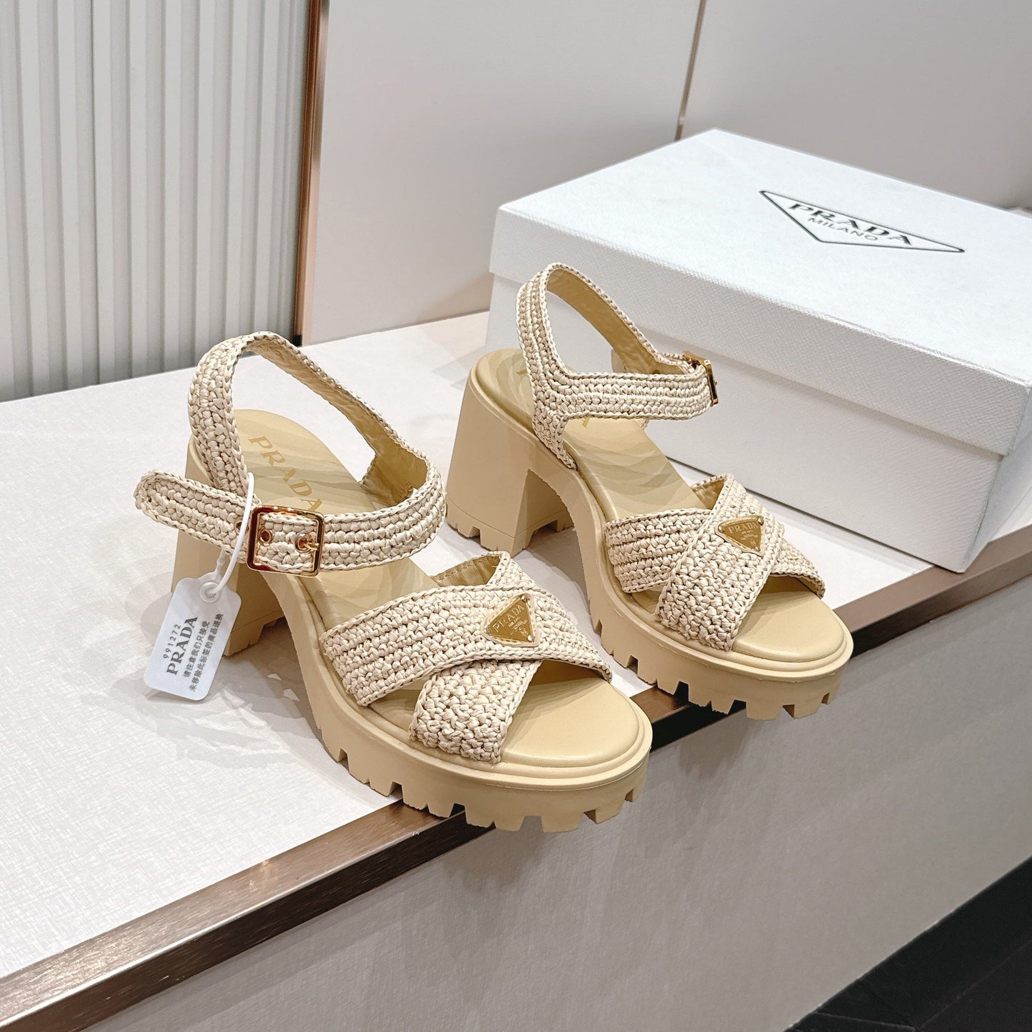 Prada 26s Monolith Sandals Beige Raffia Rubber 838136