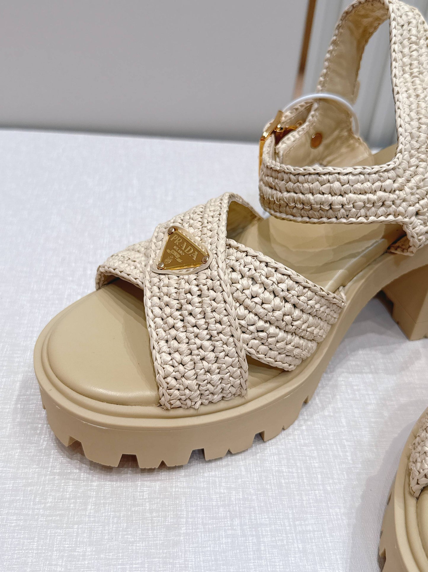 Prada 26s Monolith Sandals Beige Raffia Rubber 838136