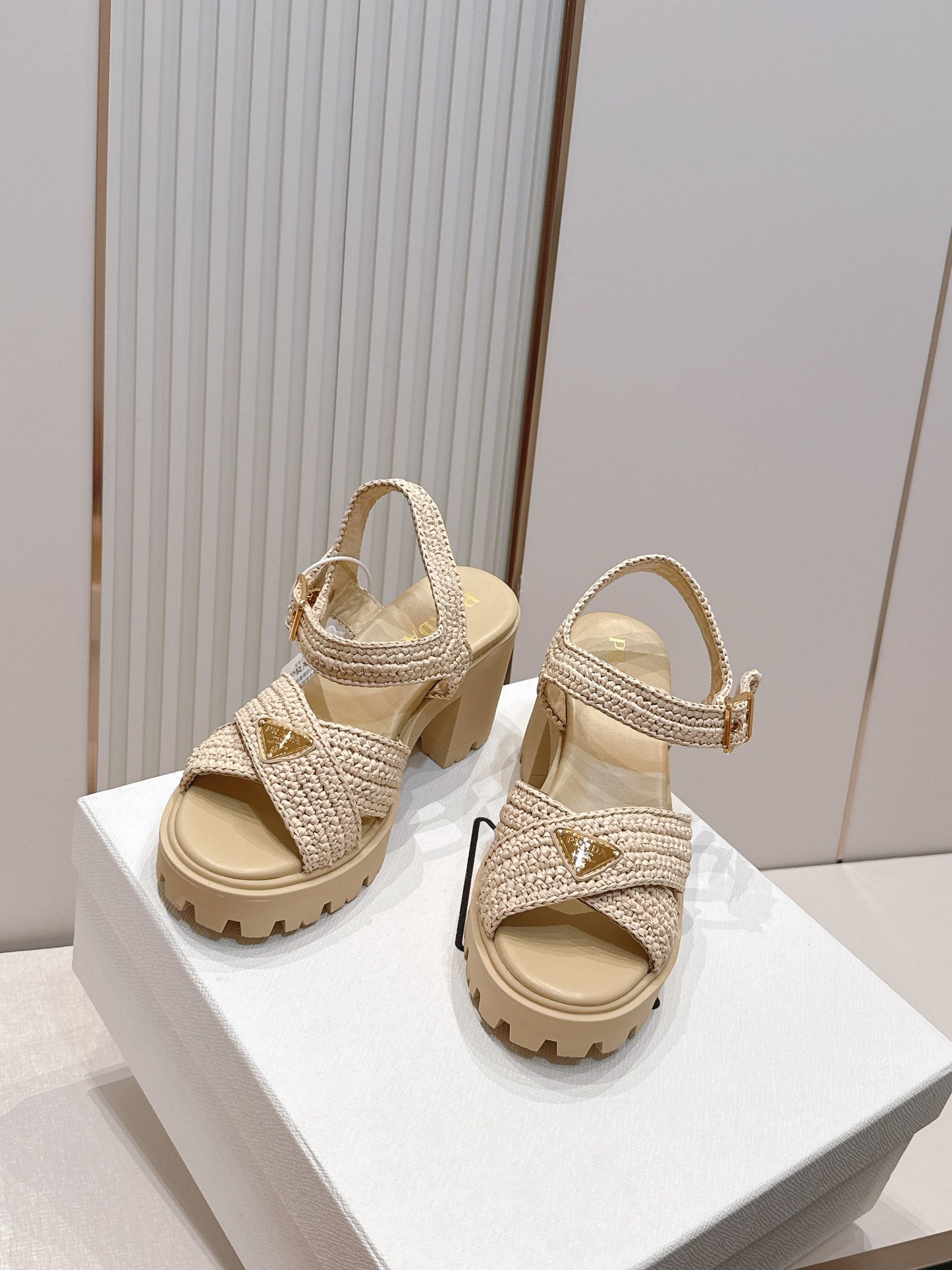 Prada 26s Monolith Sandals Beige Raffia Rubber 838136