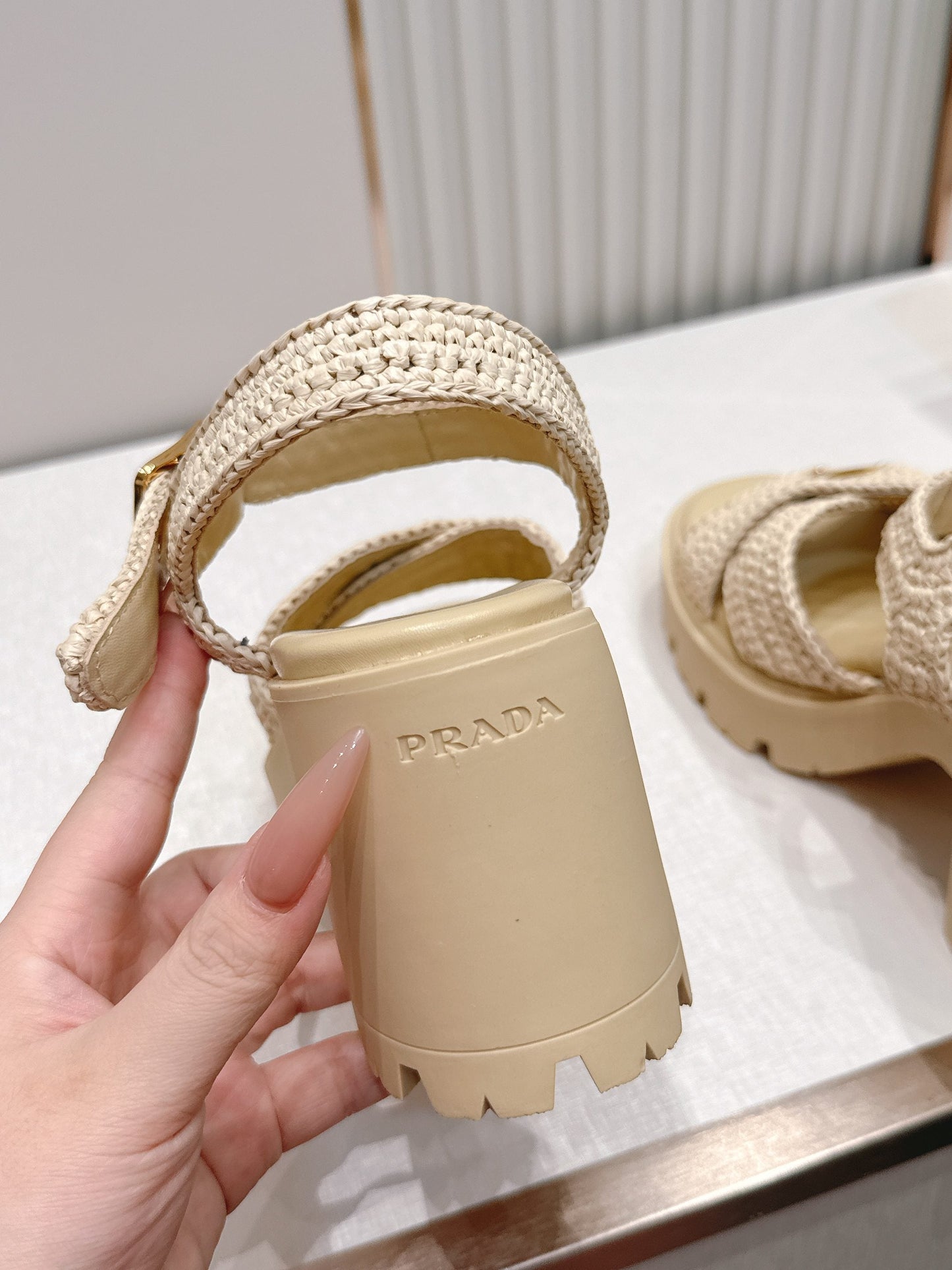 Prada 26s Monolith Sandals Beige Raffia Rubber 838136