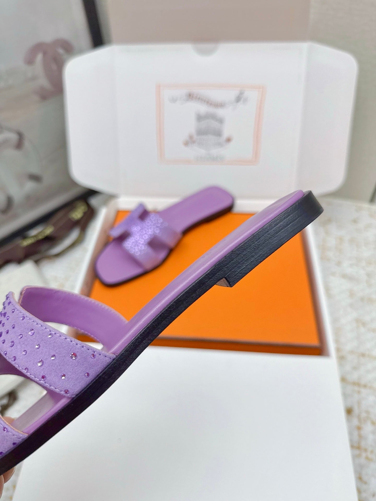 HM 26ss Oran Sandals Purple Crystal Suede Cowhide 625255