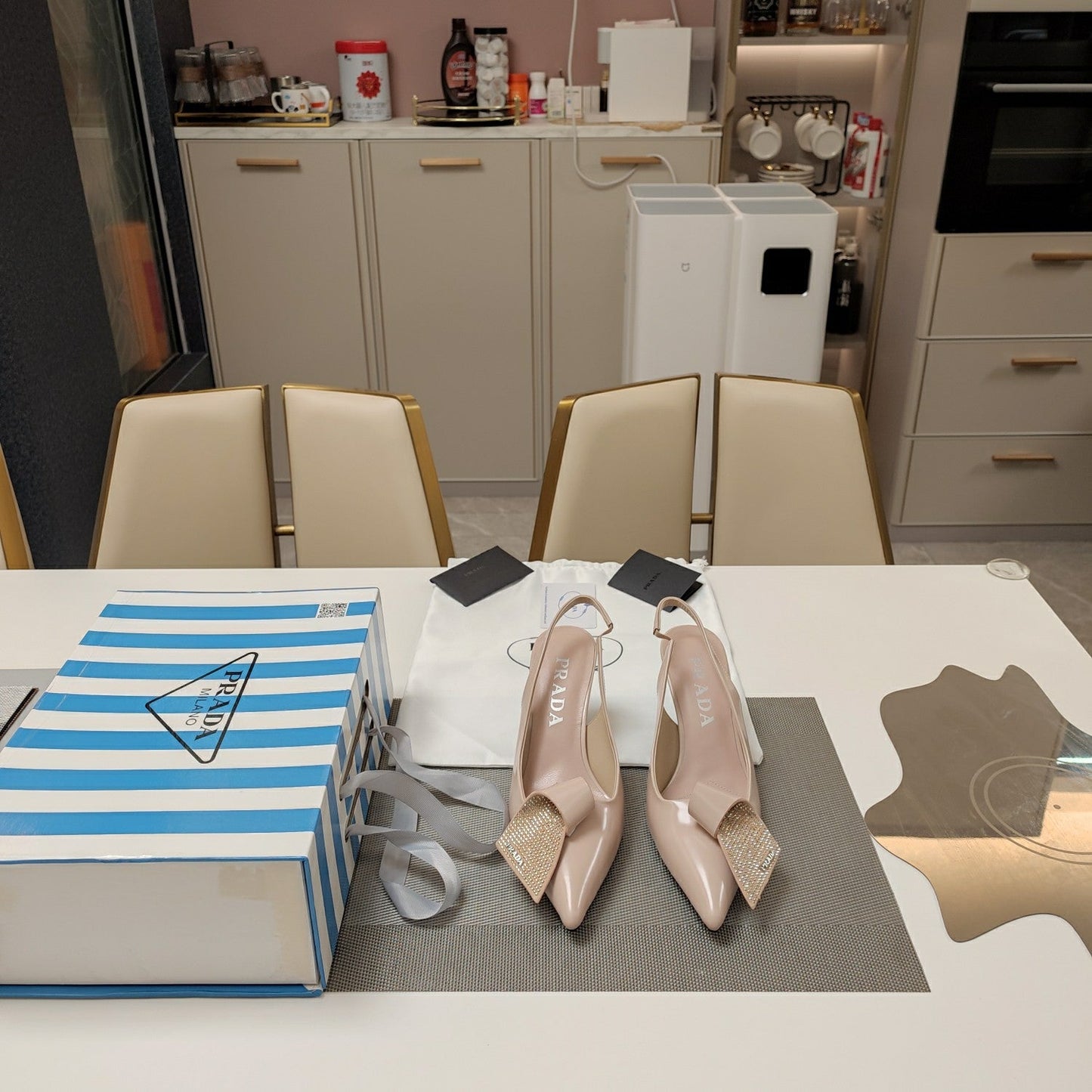 Prada 26s Pointed Toe Slingback Pumps 50mm In Nude Pink Smooth Calfskin With Crystal