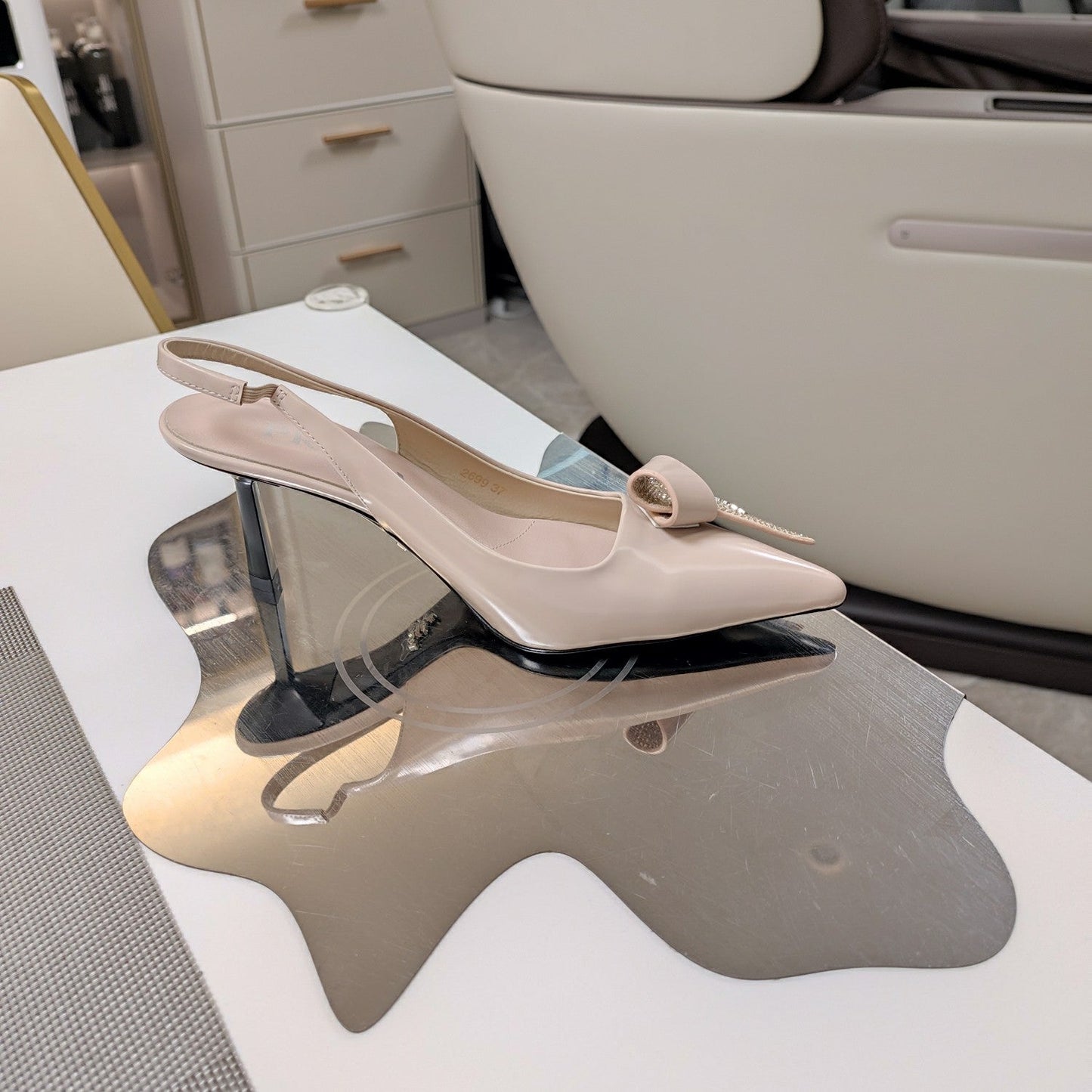 Prada 26s Pointed Toe Slingback Pumps 50mm In Nude Pink Smooth Calfskin With Crystal