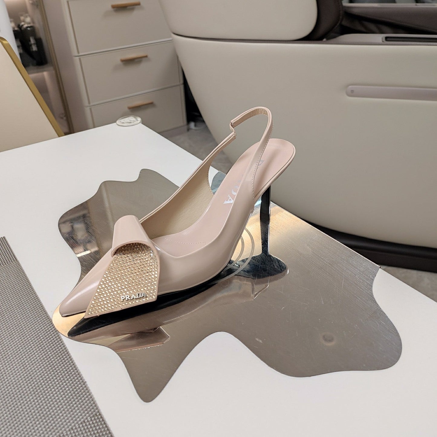 Prada 26s Pointed Toe Slingback Pumps 50mm In Nude Pink Smooth Calfskin With Crystal