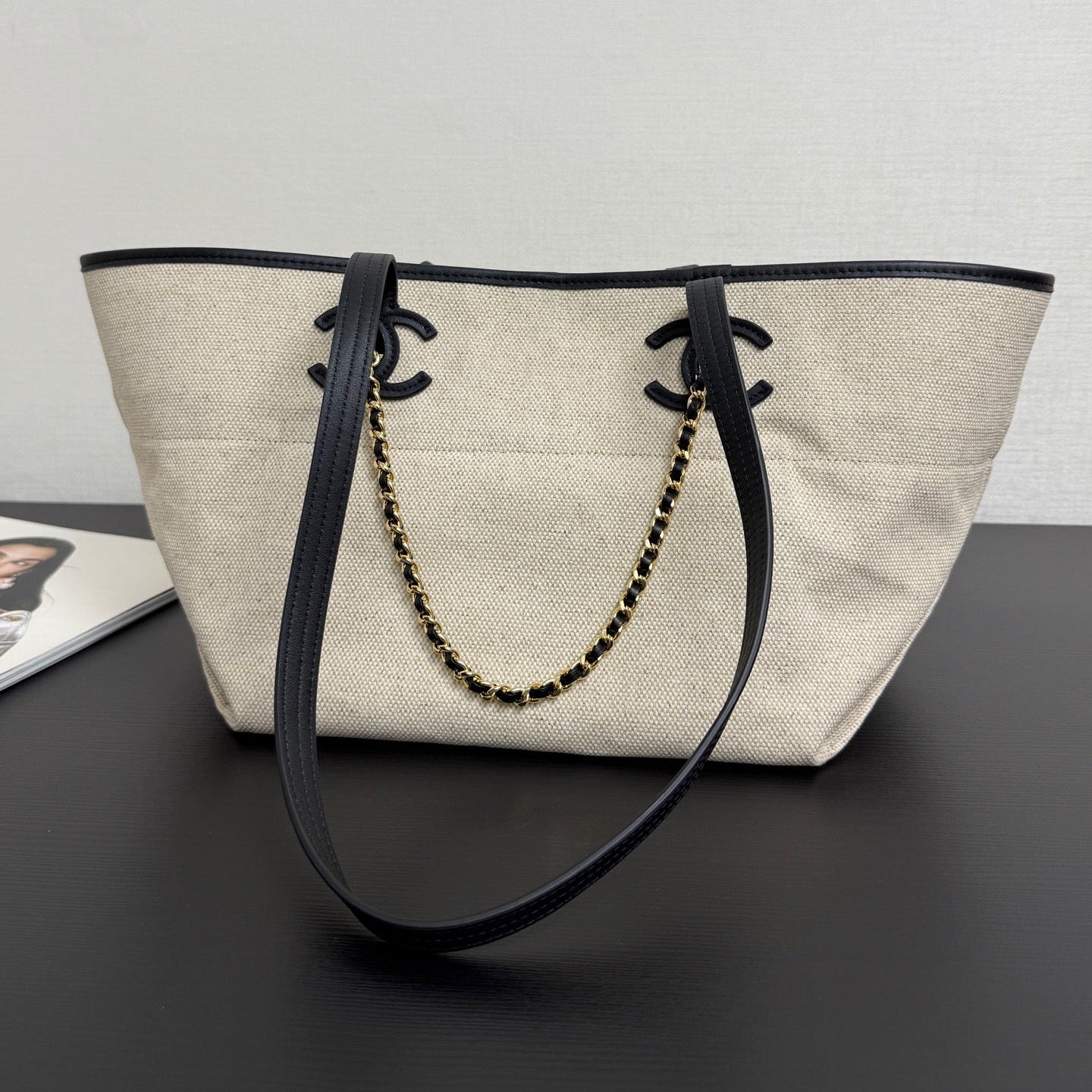 Chanel 2026 Coco Beach Beach Tote Bag 46cm Off-white mix Black Canvas Leather