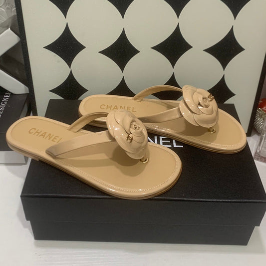 Chanel 2026 Camellia Flip-Flops Patent Calfskin 802344