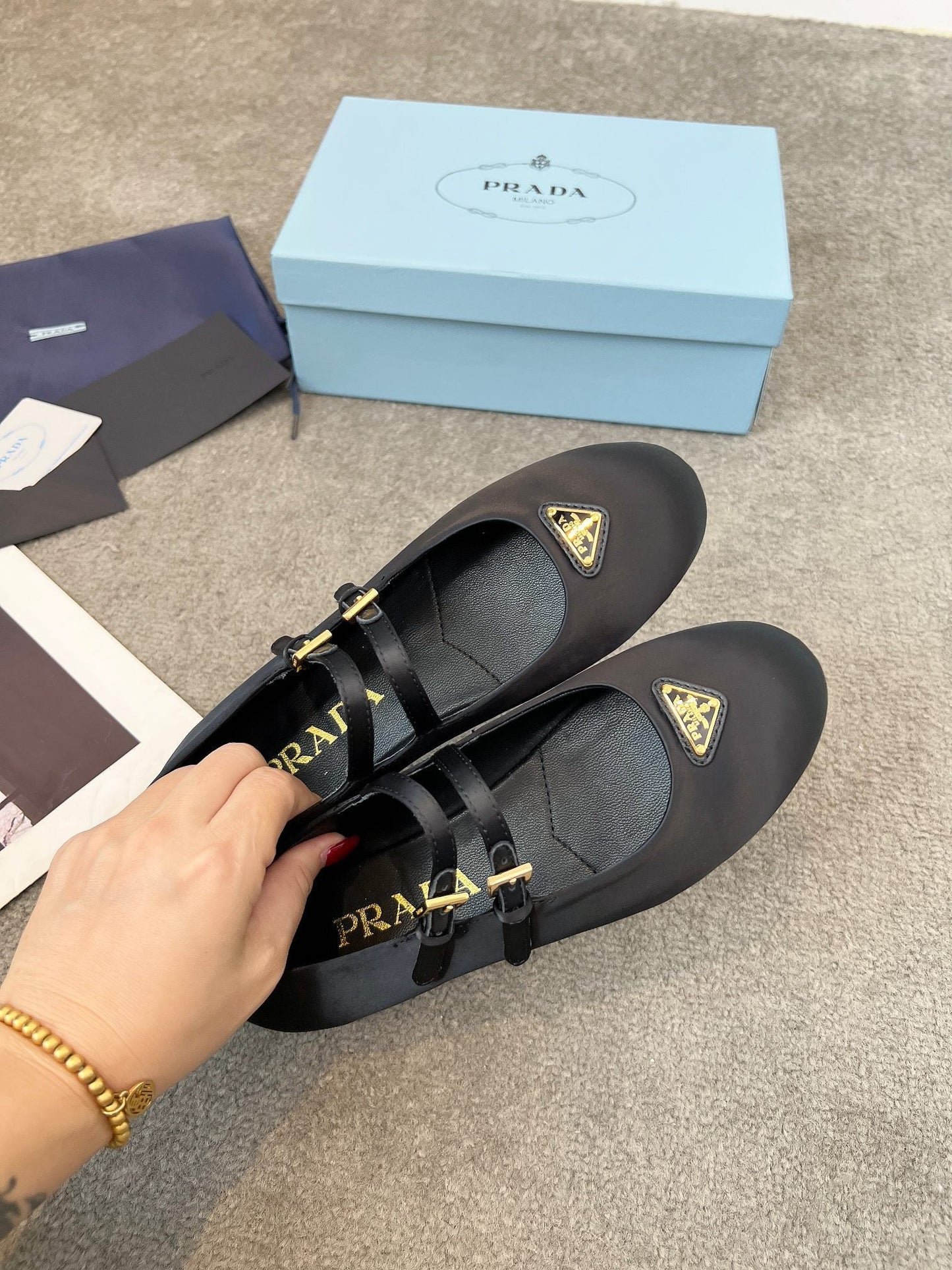 Prada 25th Double Strap Ballet Flats Black Satin 564124