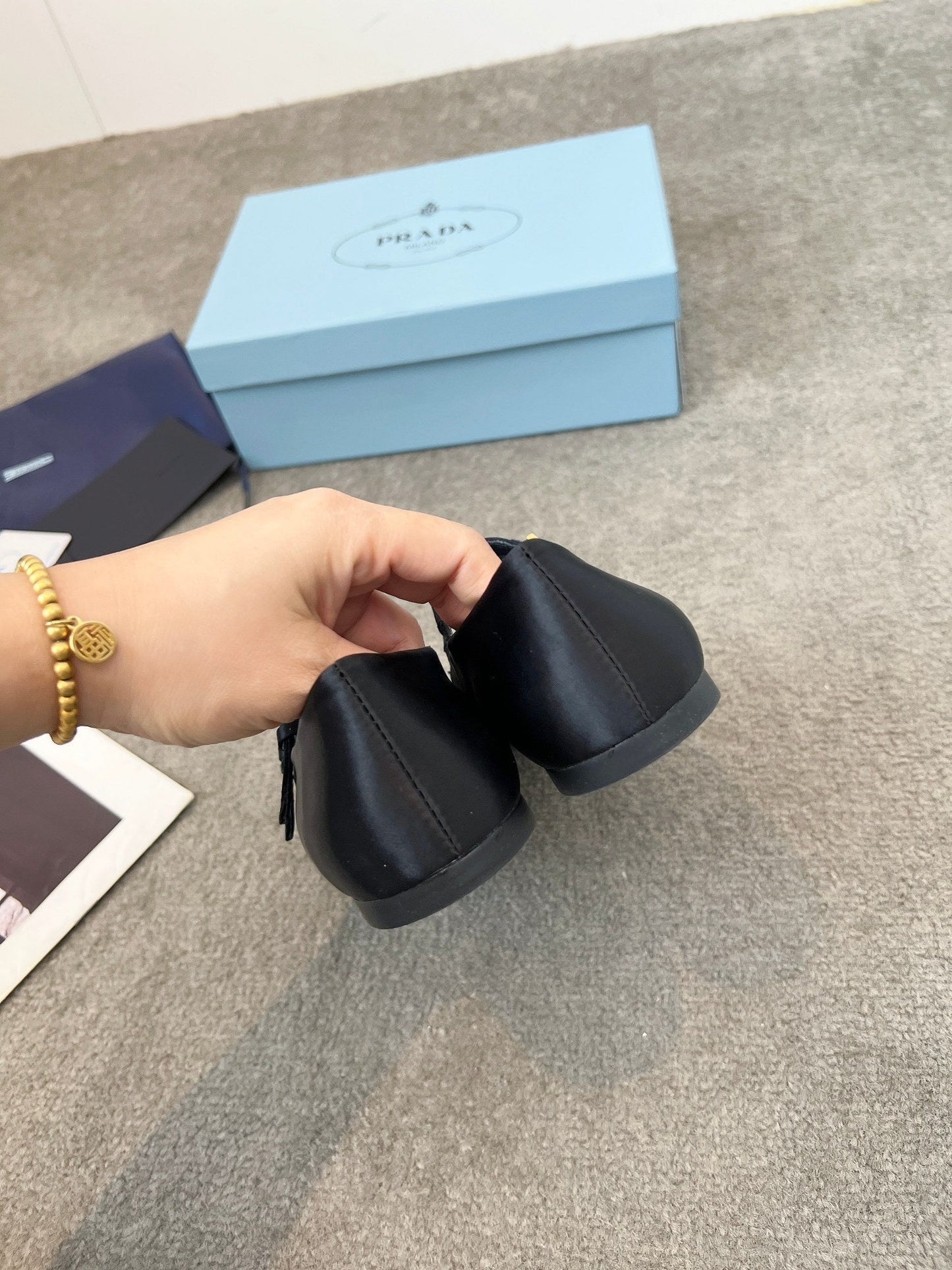 Prada 25th Double Strap Ballet Flats Black Satin 564124