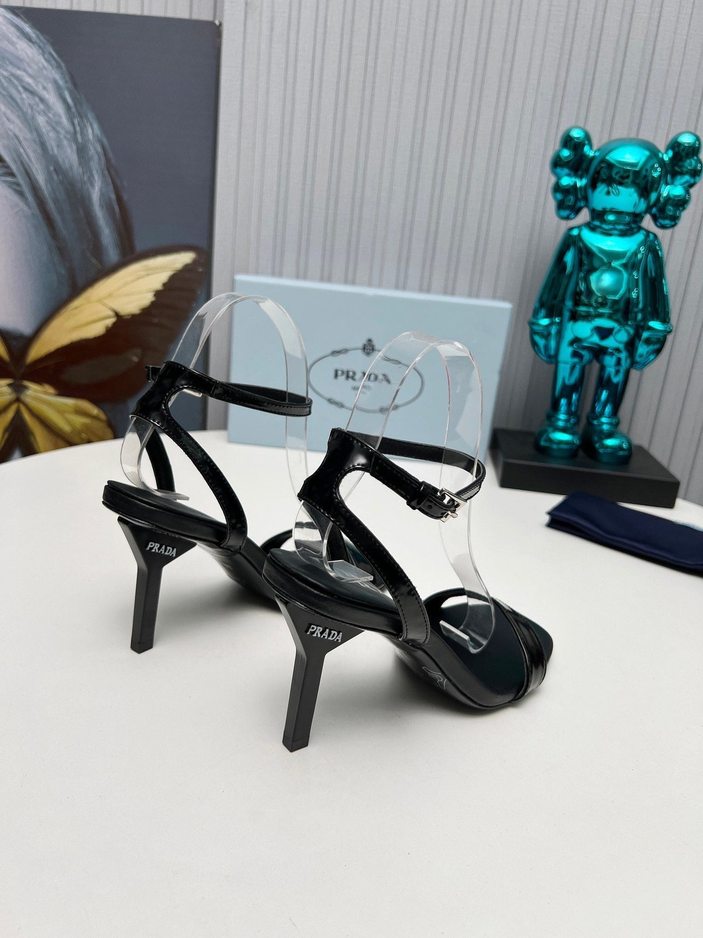Prada 26s Ankle Strap Sandals Stiletto Heel 80mm In Black Shine Calfskin