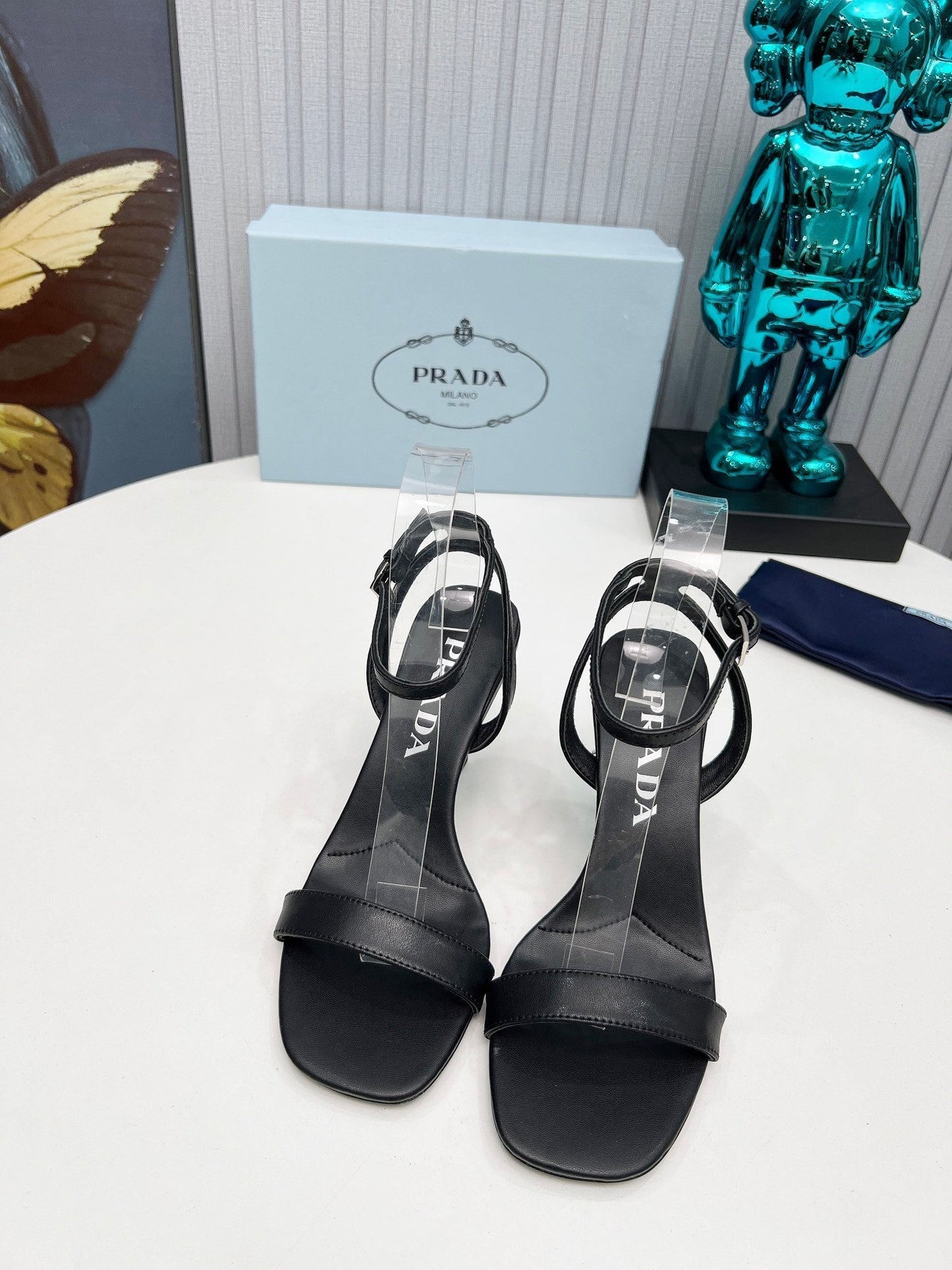 Prada 26s Ankle Strap Sandals Stiletto Heel 80mm In Black Satin