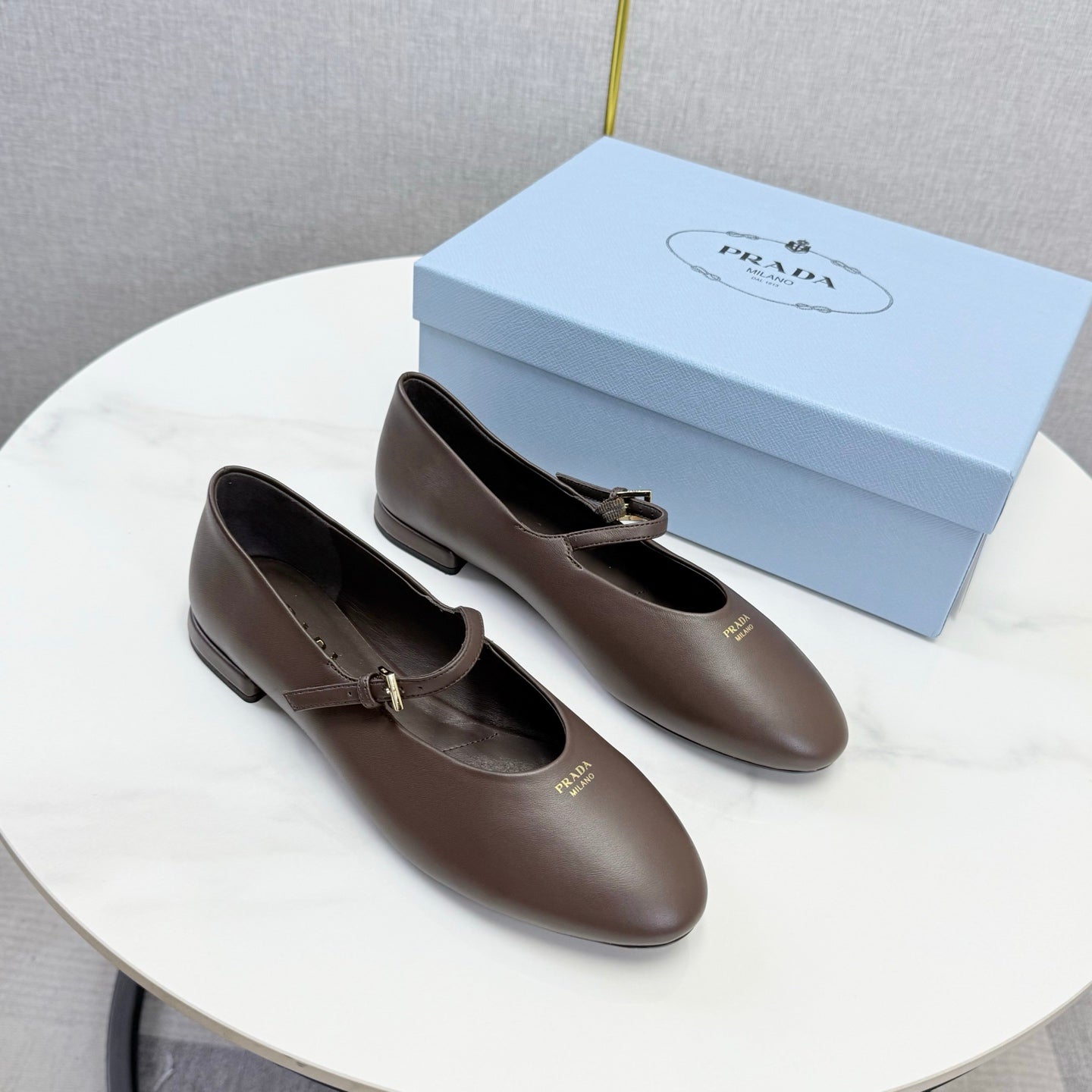 Prada 26s Ballerina Flats Strap With Buckle Brown Burgundy Nappa Leather 973280