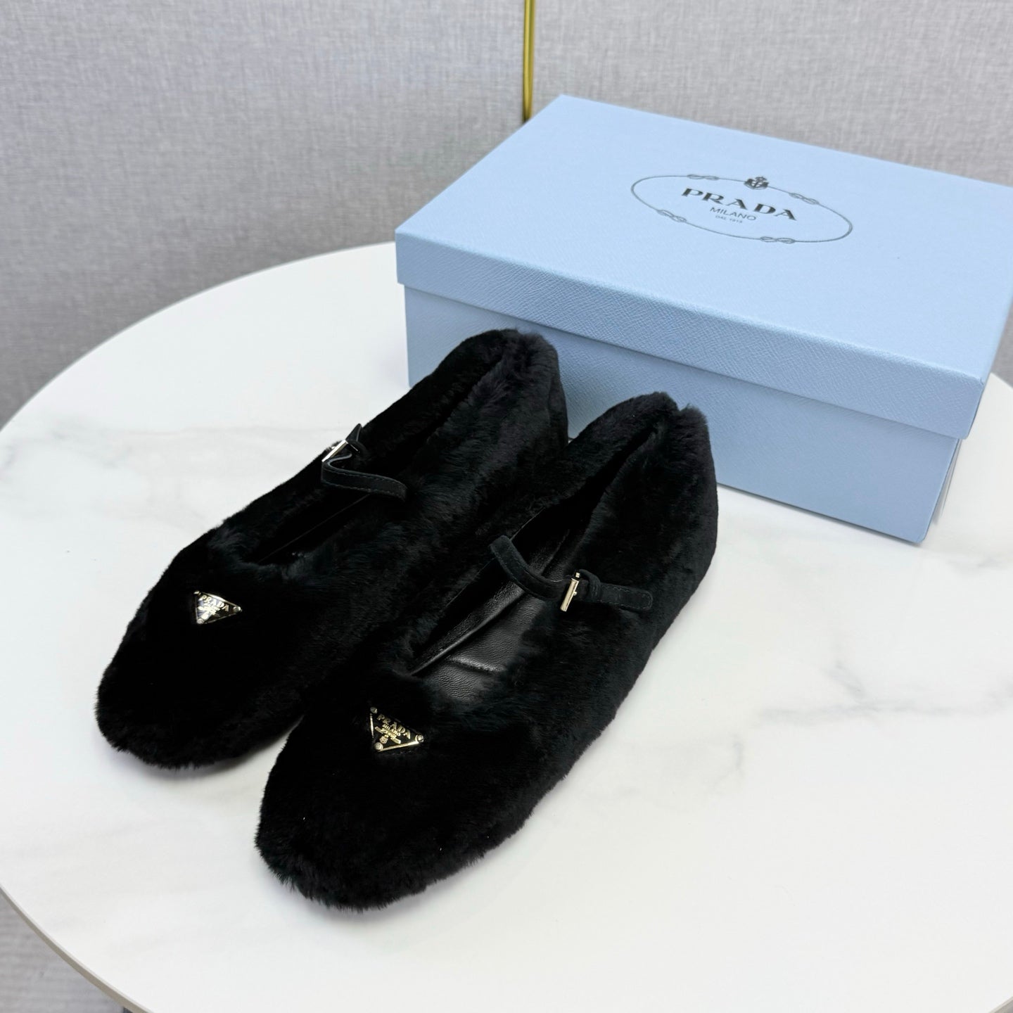 Prada 26s Ballerina Flats Strap With Buckle Black Fur 973283