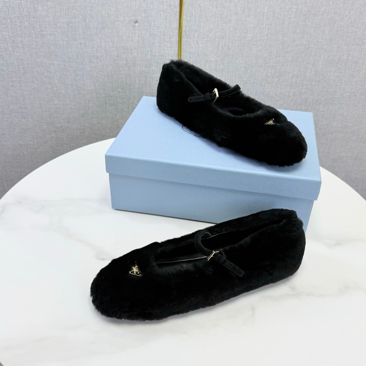 Prada 26s Ballerina Flats Strap With Buckle Black Fur 973283