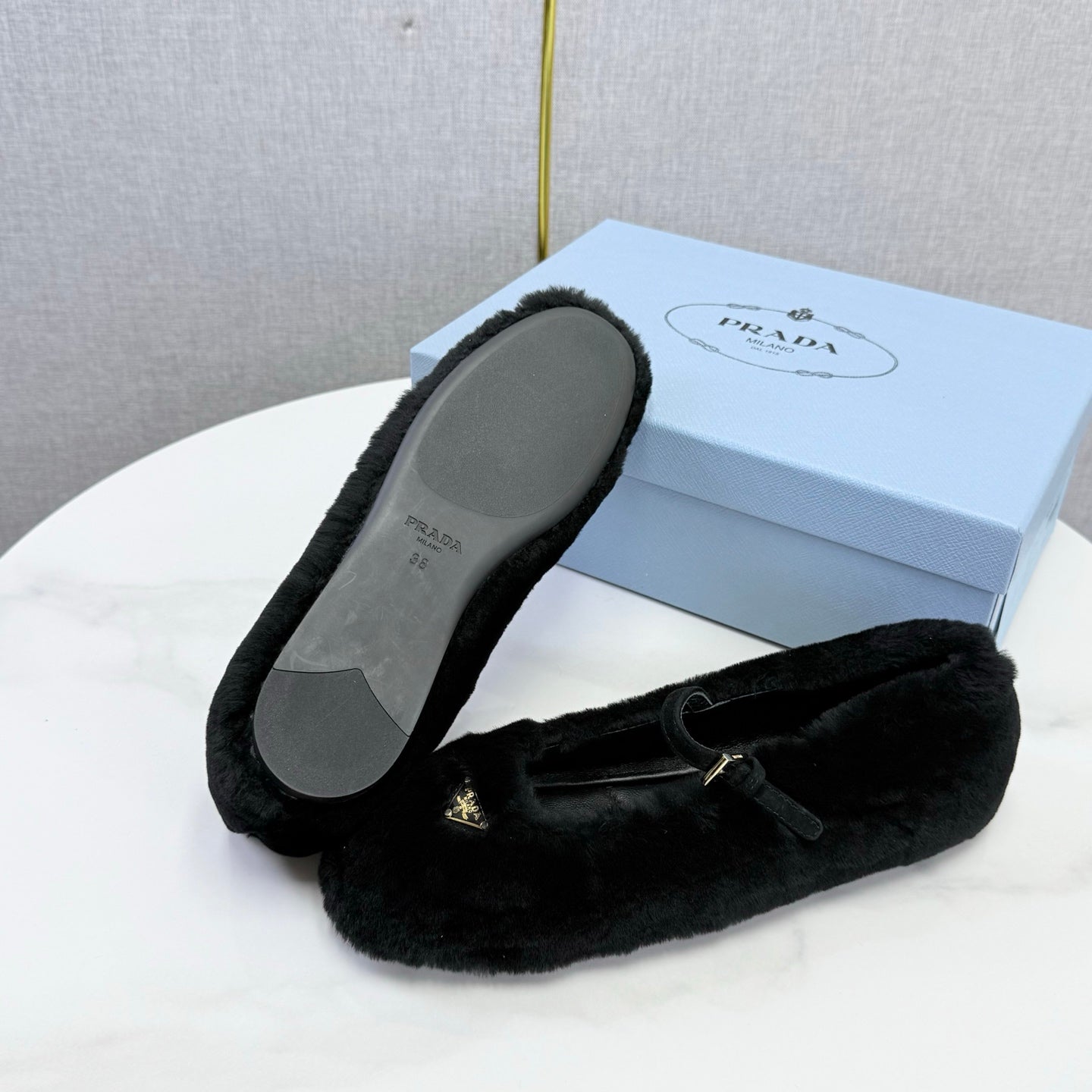 Prada 26s Ballerina Flats Strap With Buckle Black Fur 973283