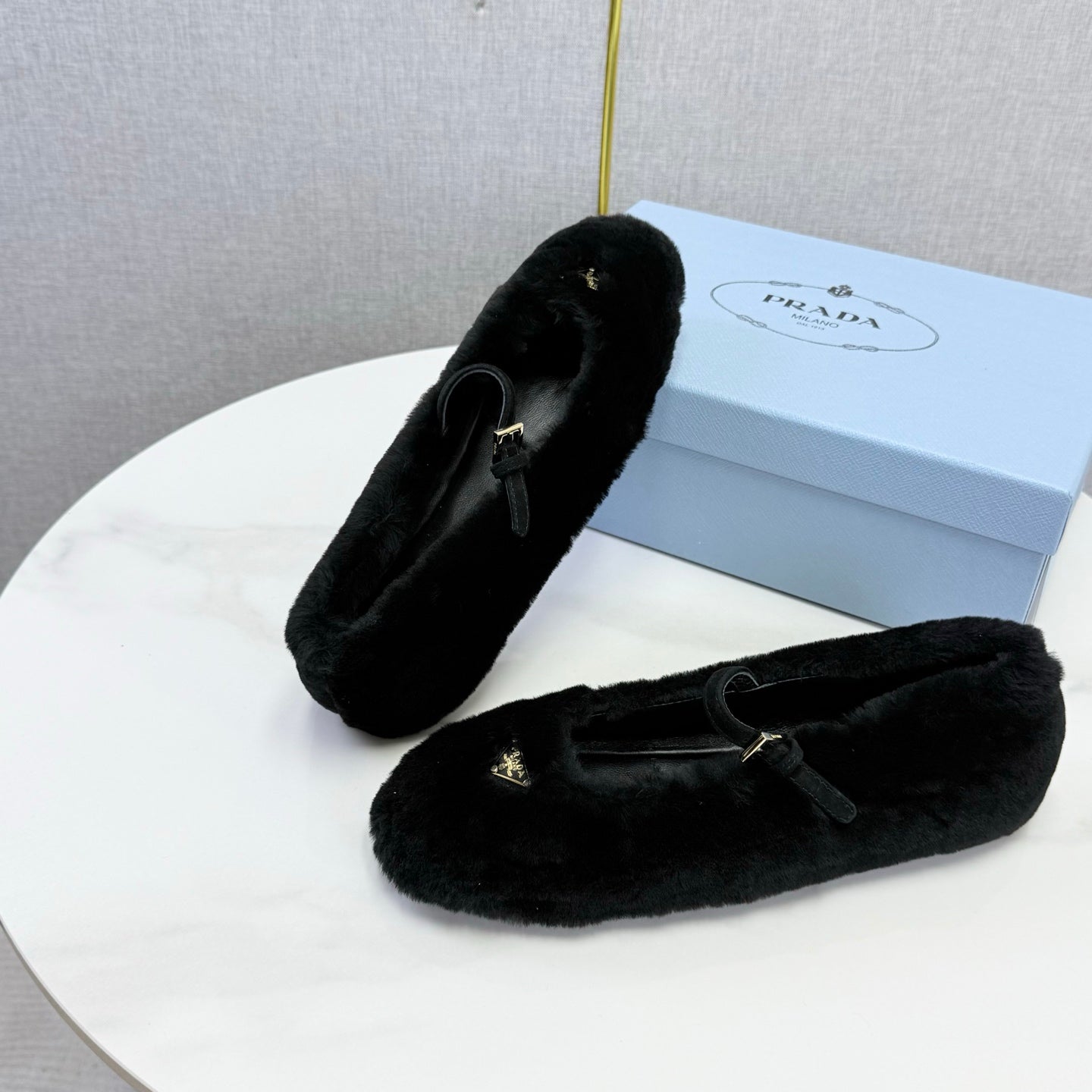 Prada 26s Ballerina Flats Strap With Buckle Black Fur 973283